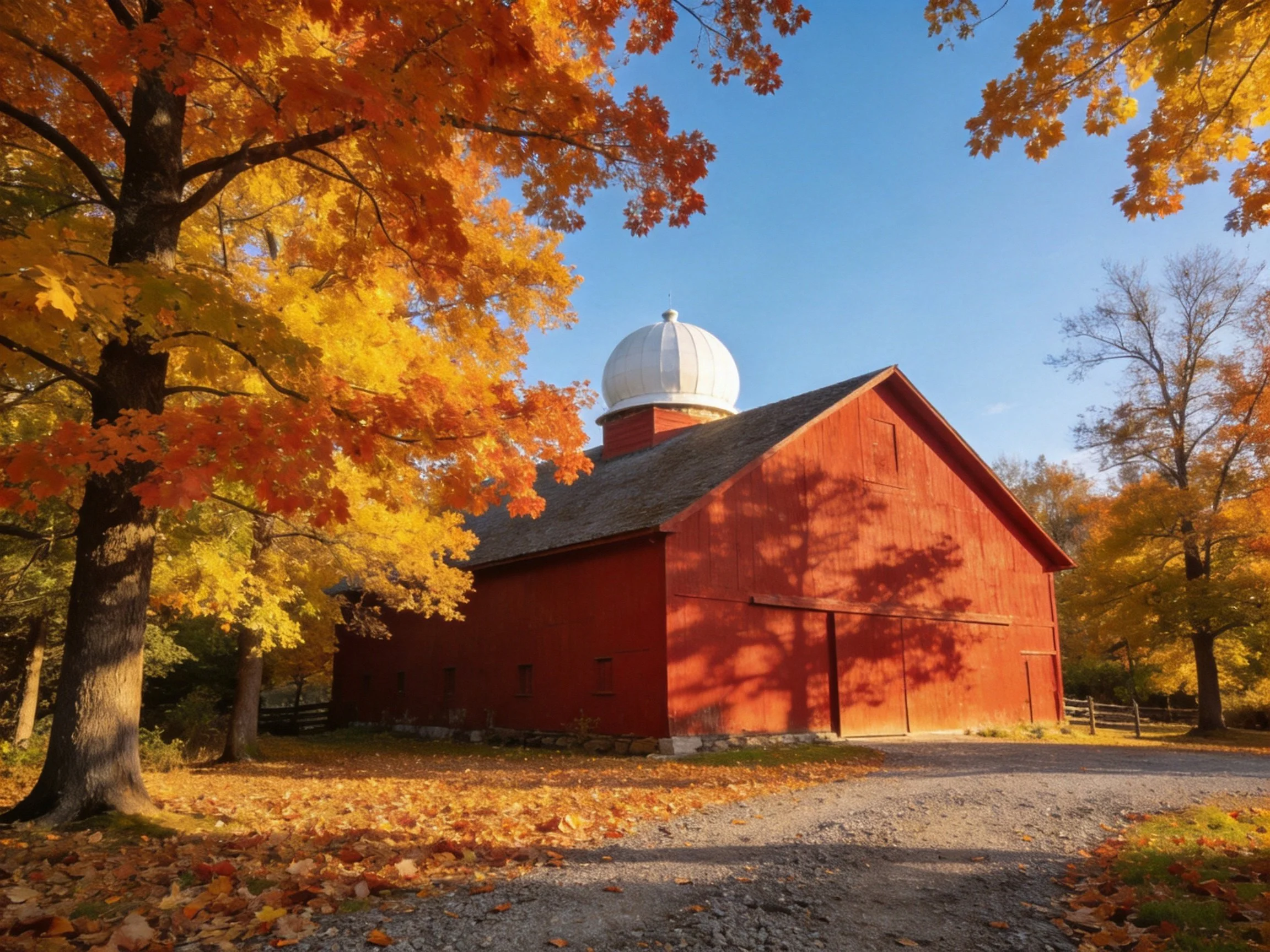 A vibrant red barn with white dome amid golden autumn foliage