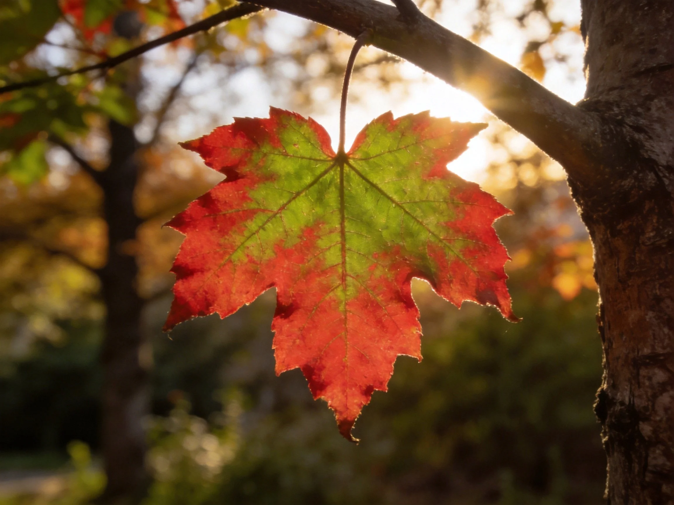 A vibrant red-green maple leaf hangs from a tree branch