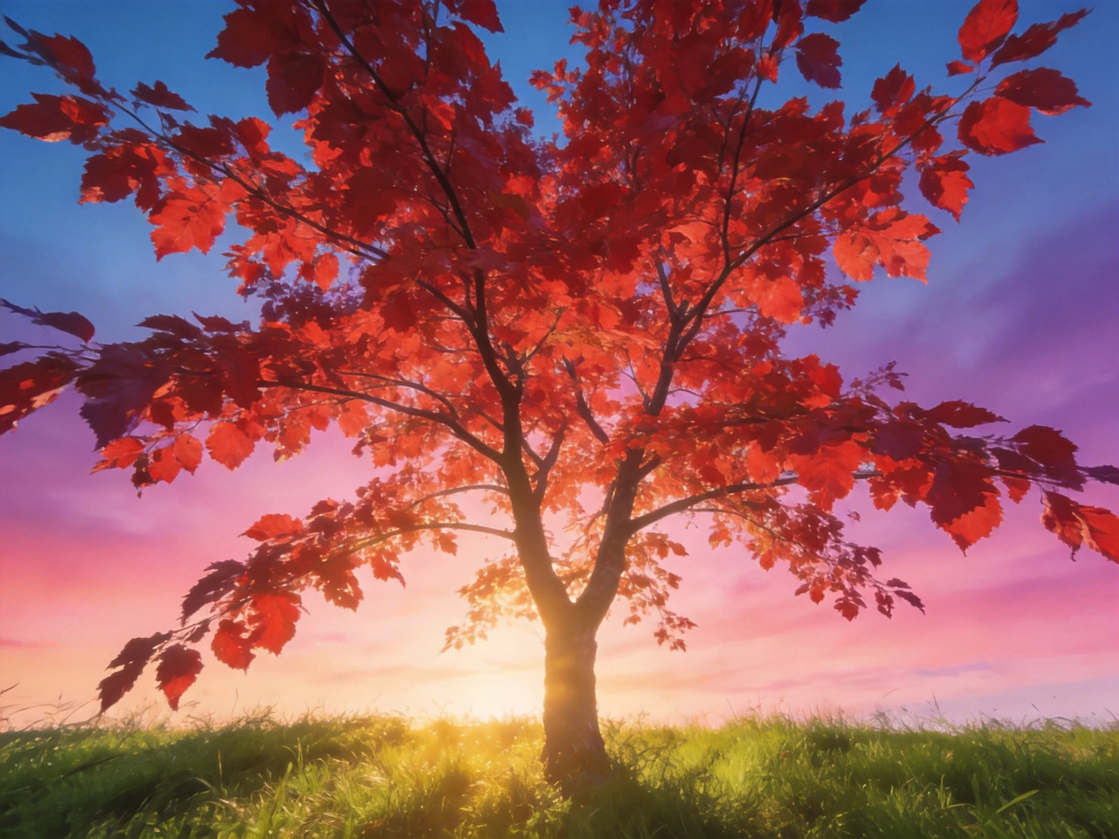 A vibrant red-leaved tree against a colorful sunset sky