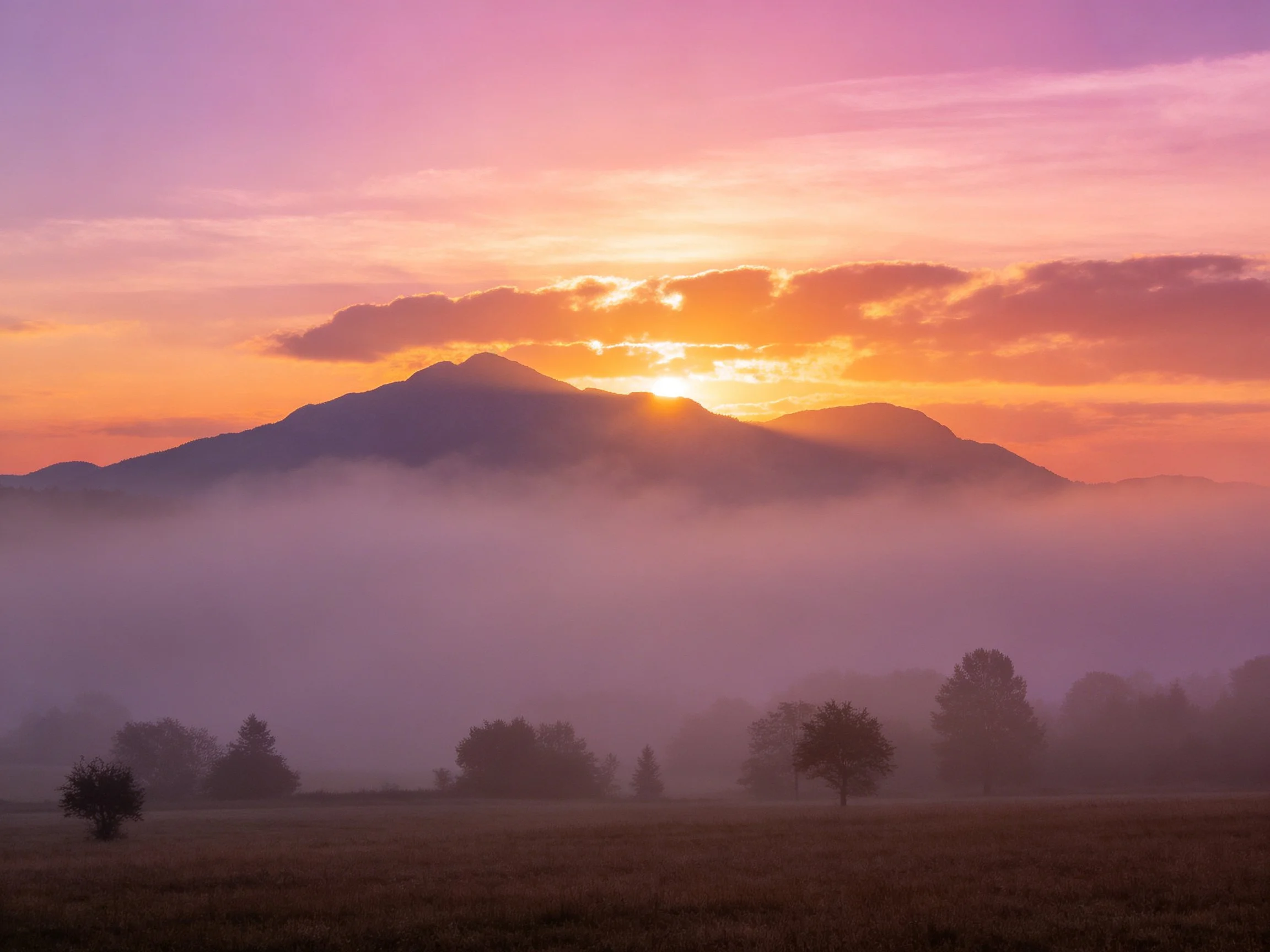 A vibrant sunset illuminates misty mountain peaks with purple-pink skies
