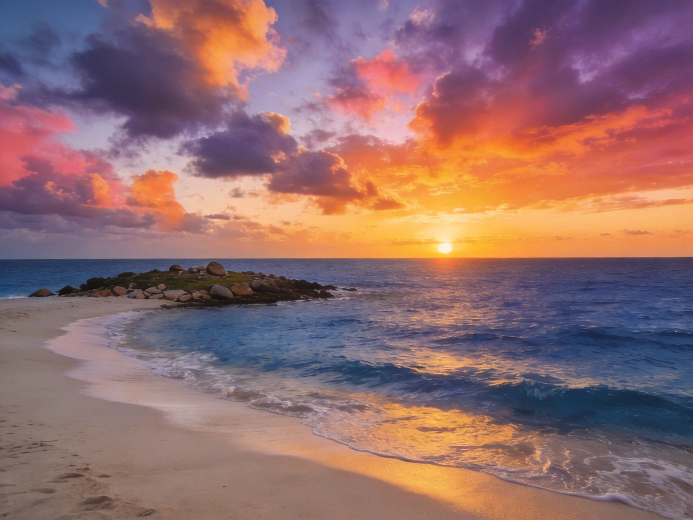 A vibrant sunset over a rocky coastal shoreline with golden sand