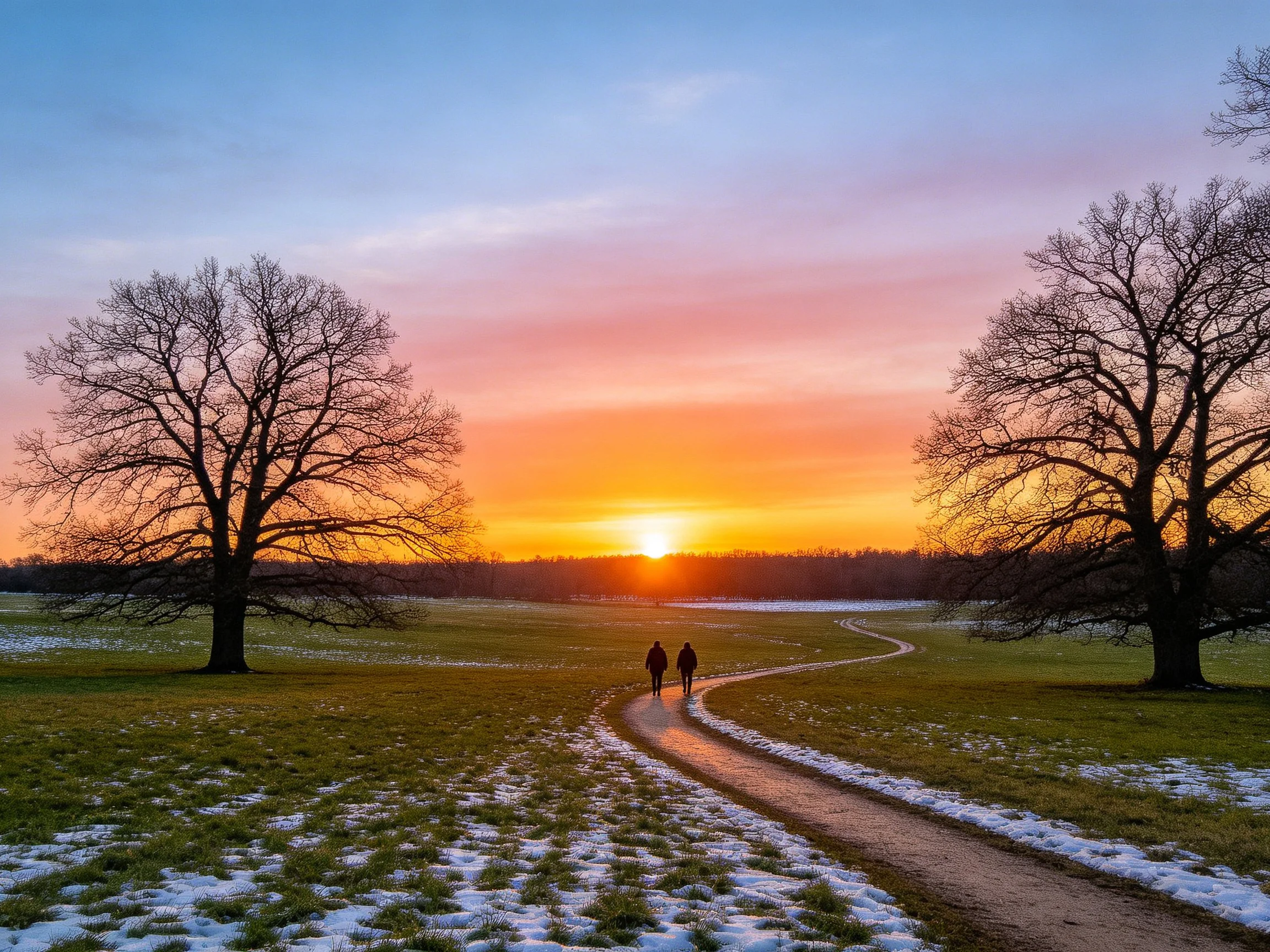 A vibrant sunset over a snow-dusted field with two walkers near bare trees