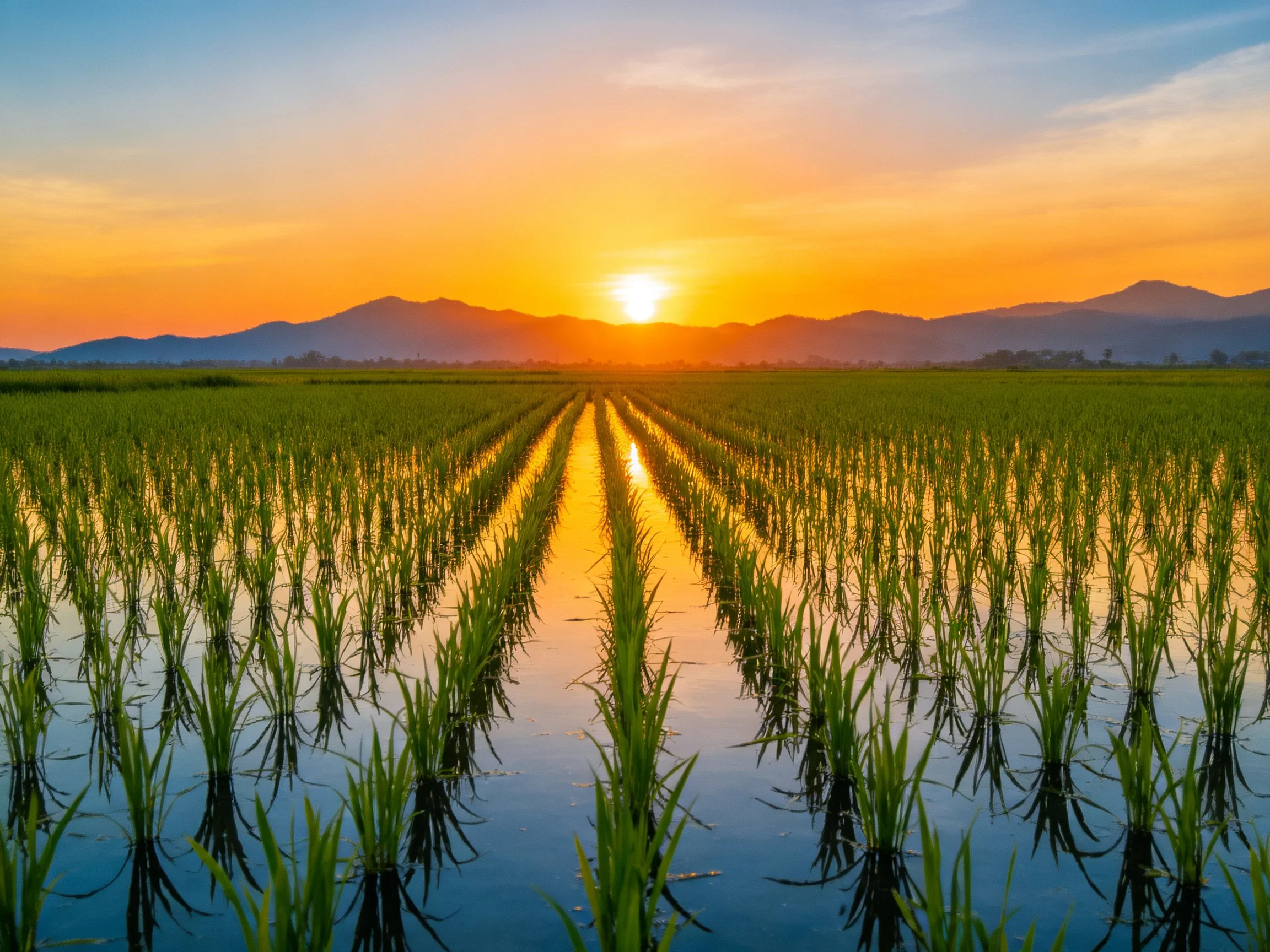 A vibrant sunset over flooded rice paddies with golden reflections