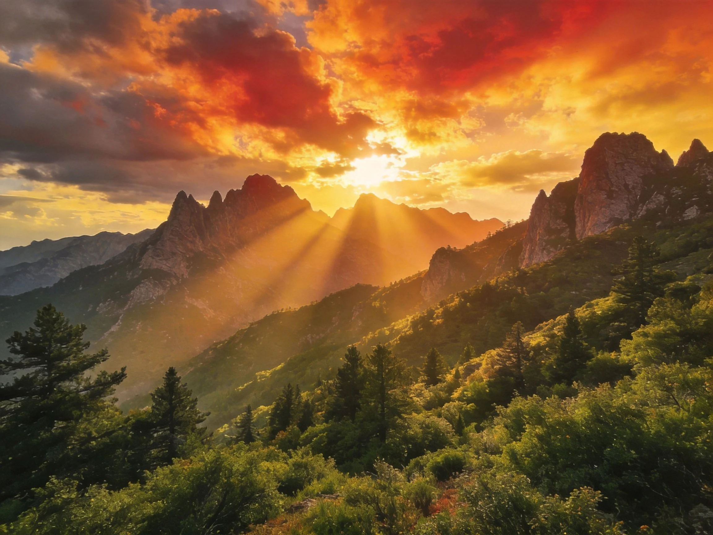 A vibrant sunset over jagged mountain peaks with golden light