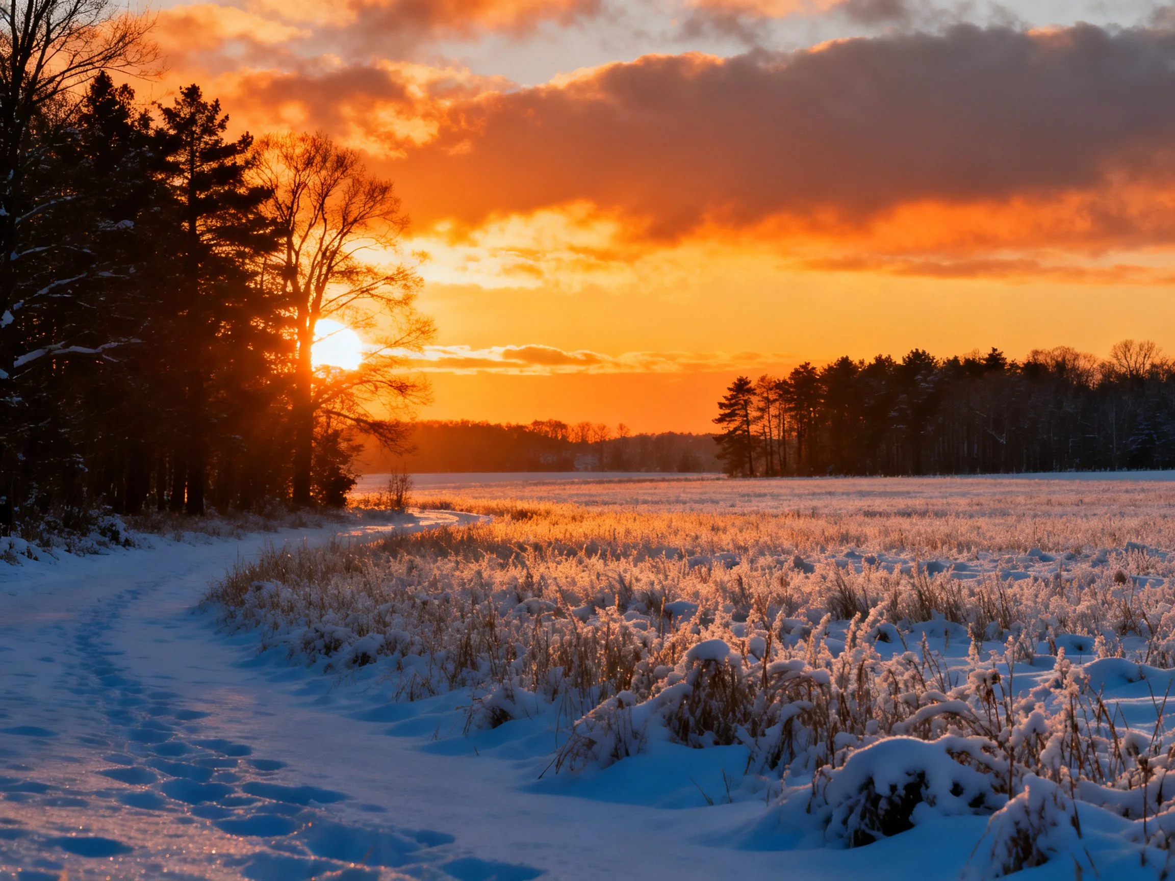 A vibrant sunset over snow-covered fields and forest
