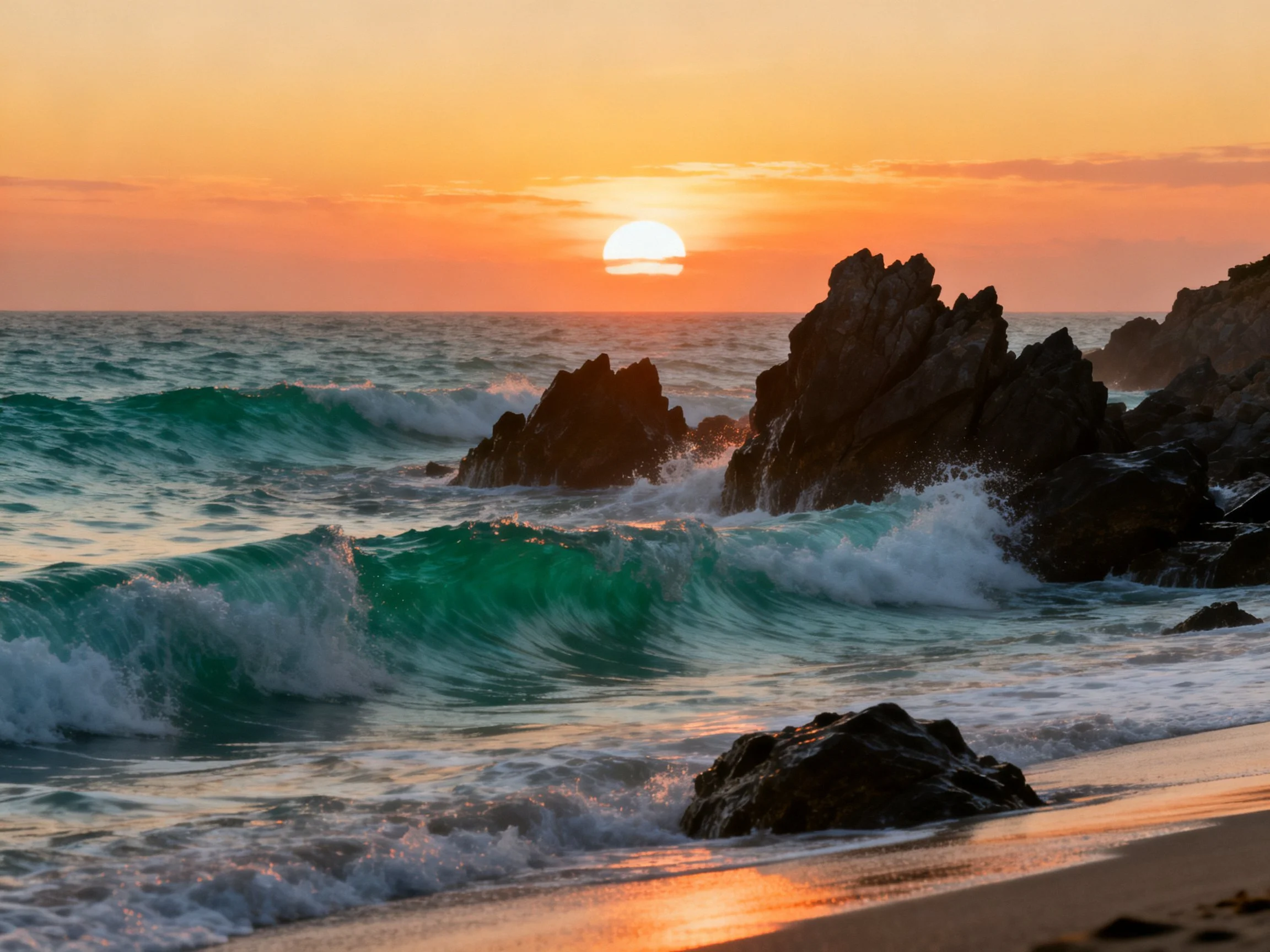A vibrant sunset over turquoise ocean waves crashing against jagged rocks