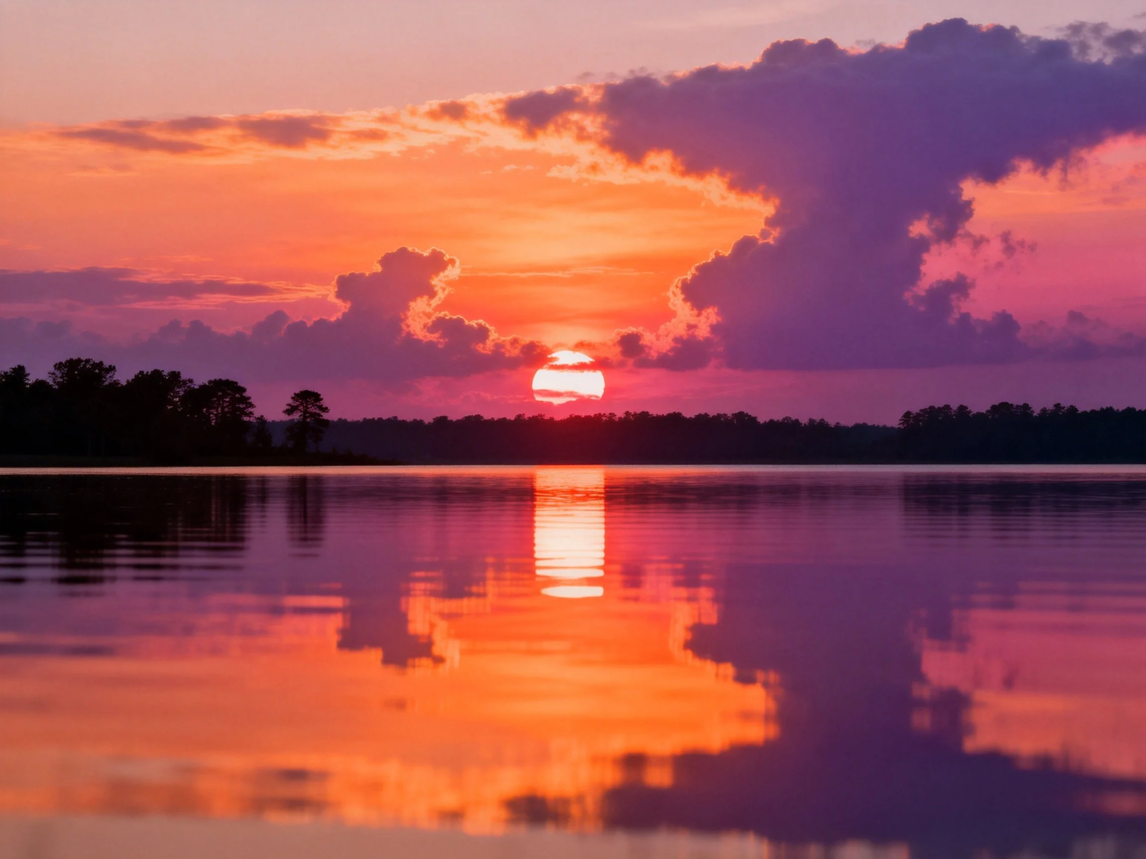 A vibrant sunset reflects in calm water with orange, purple sky