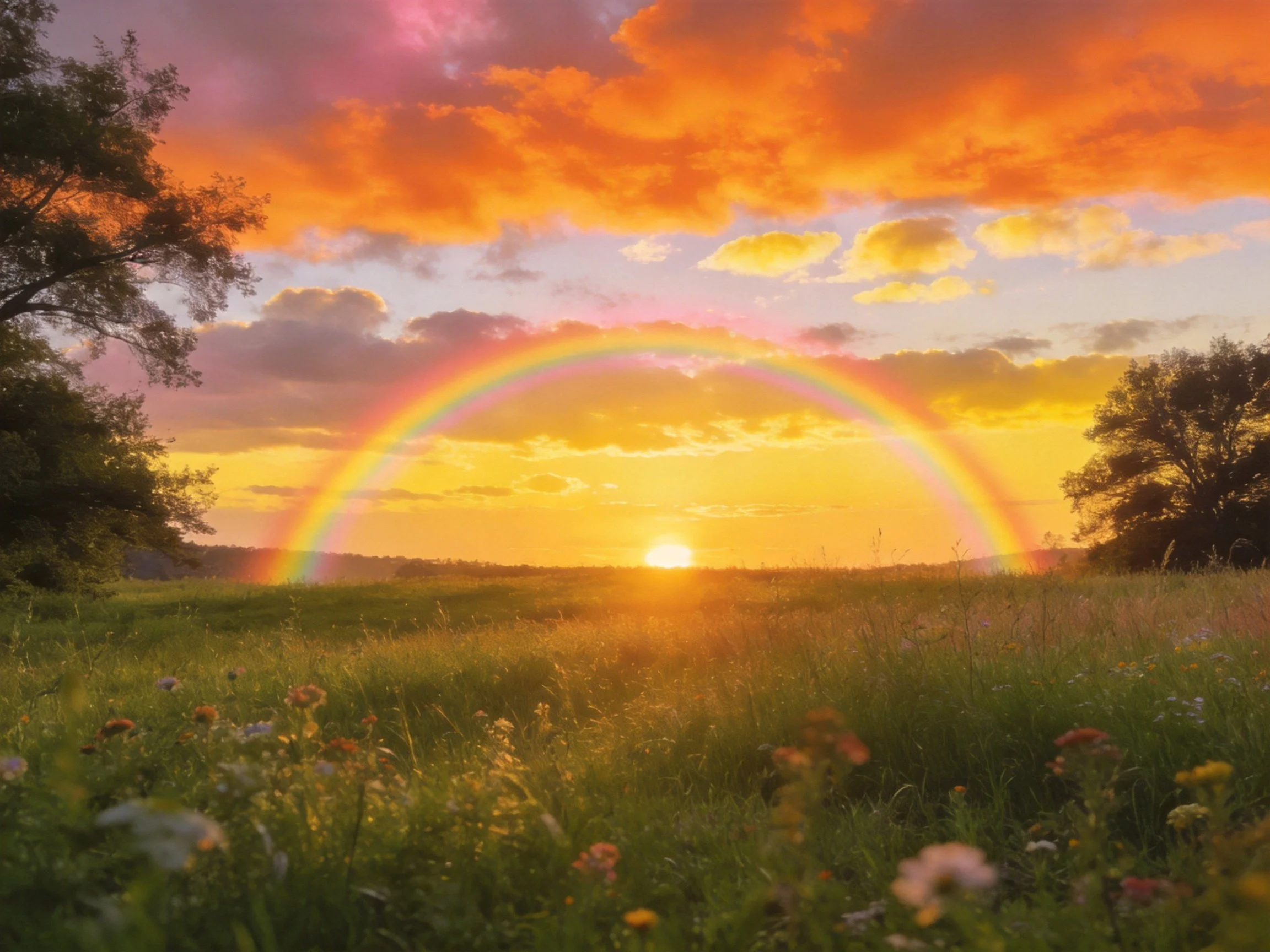 A vibrant sunset with rainbow arching over a flower-filled meadow