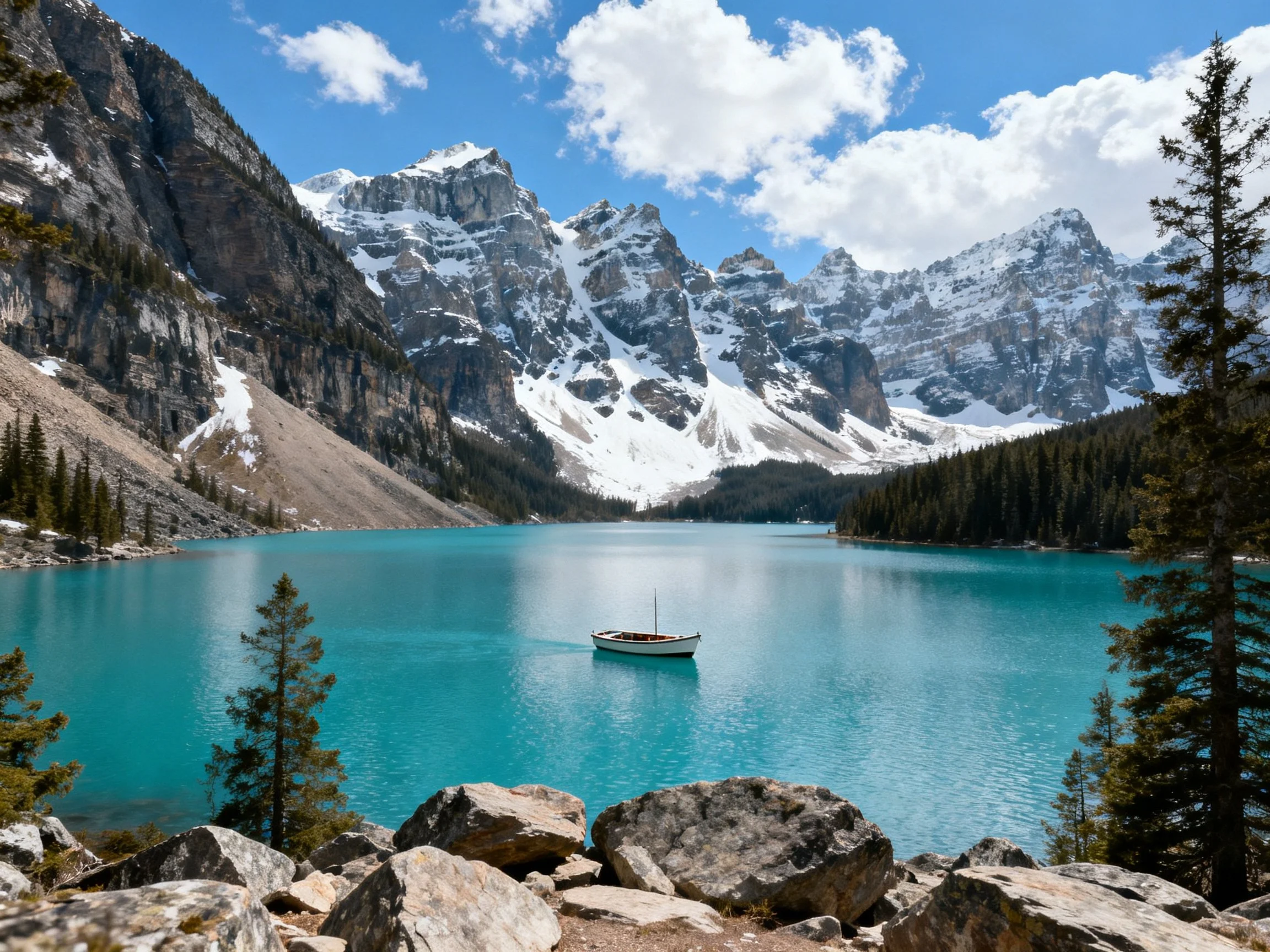 A vibrant turquoise lake with a boat, rocky shore, snow-dusted mountains