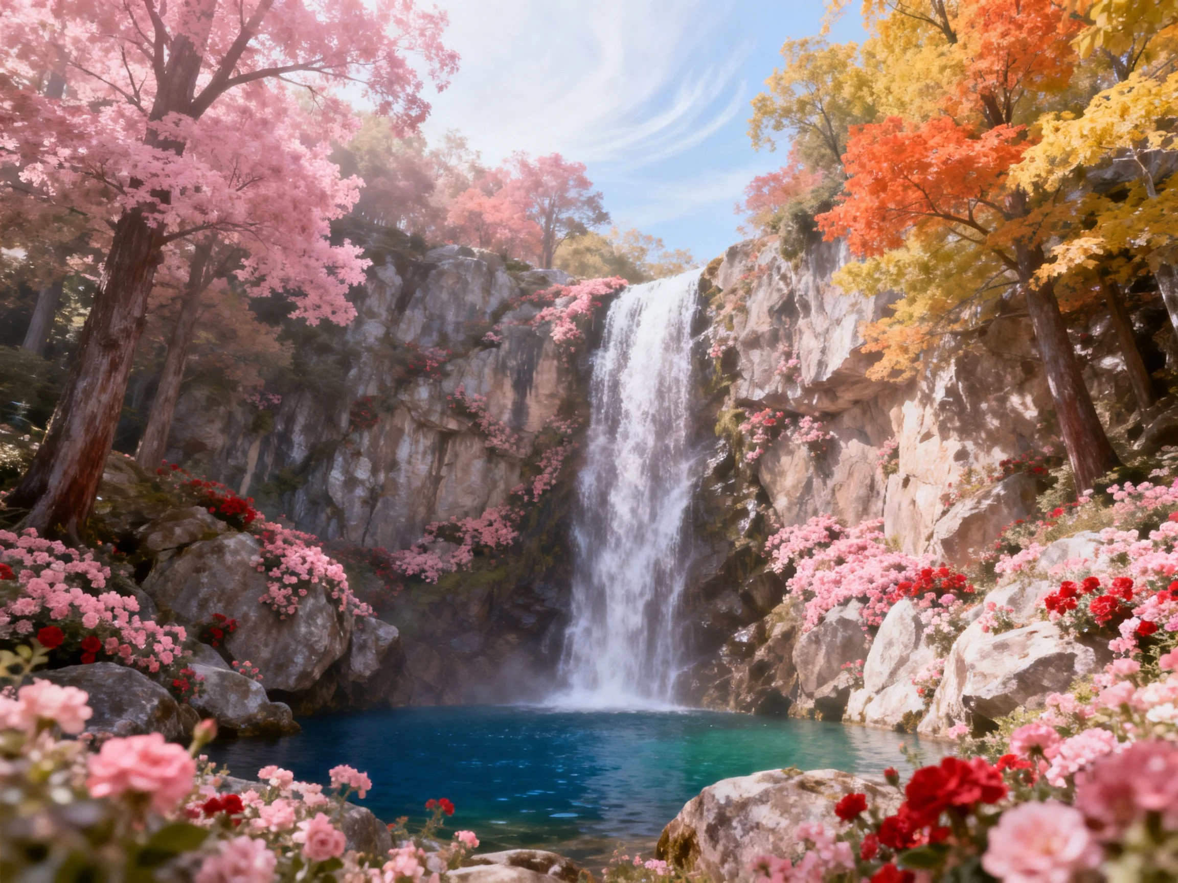 A vibrant waterfall surrounded by multicolored trees and blooming flowers