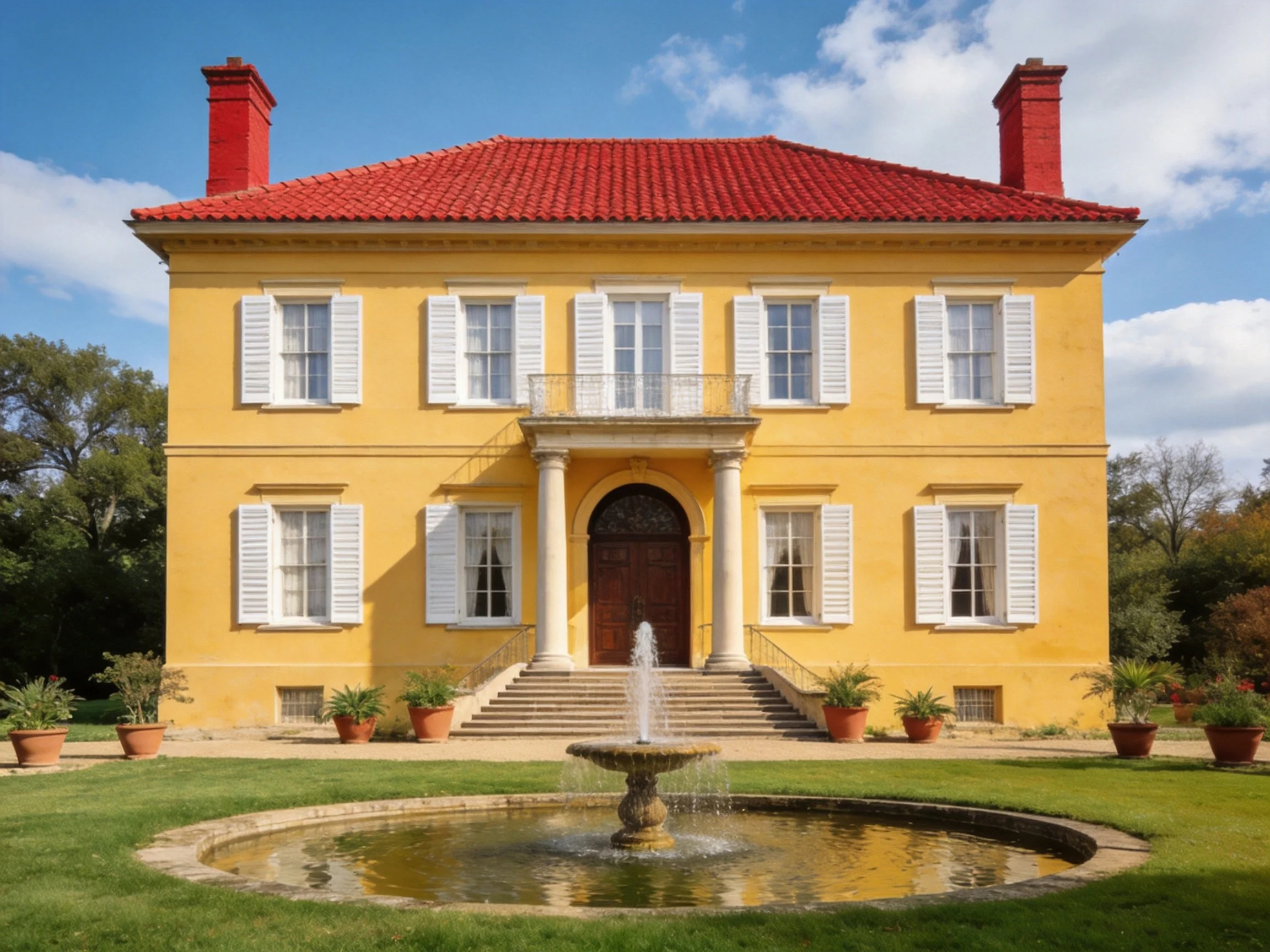 A vibrant yellow colonial house with red roof and central fountain