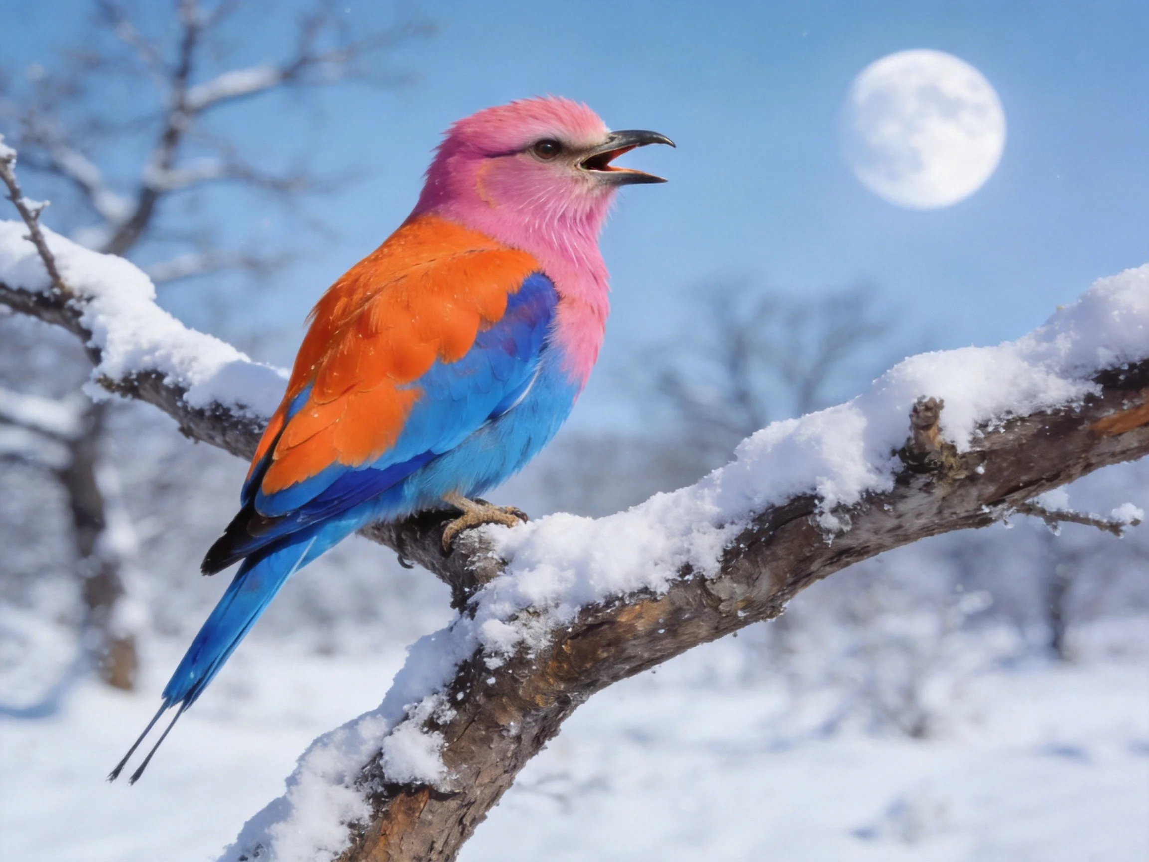 A vibrantly colored bird perched on a snow-laden branch near a bright moon