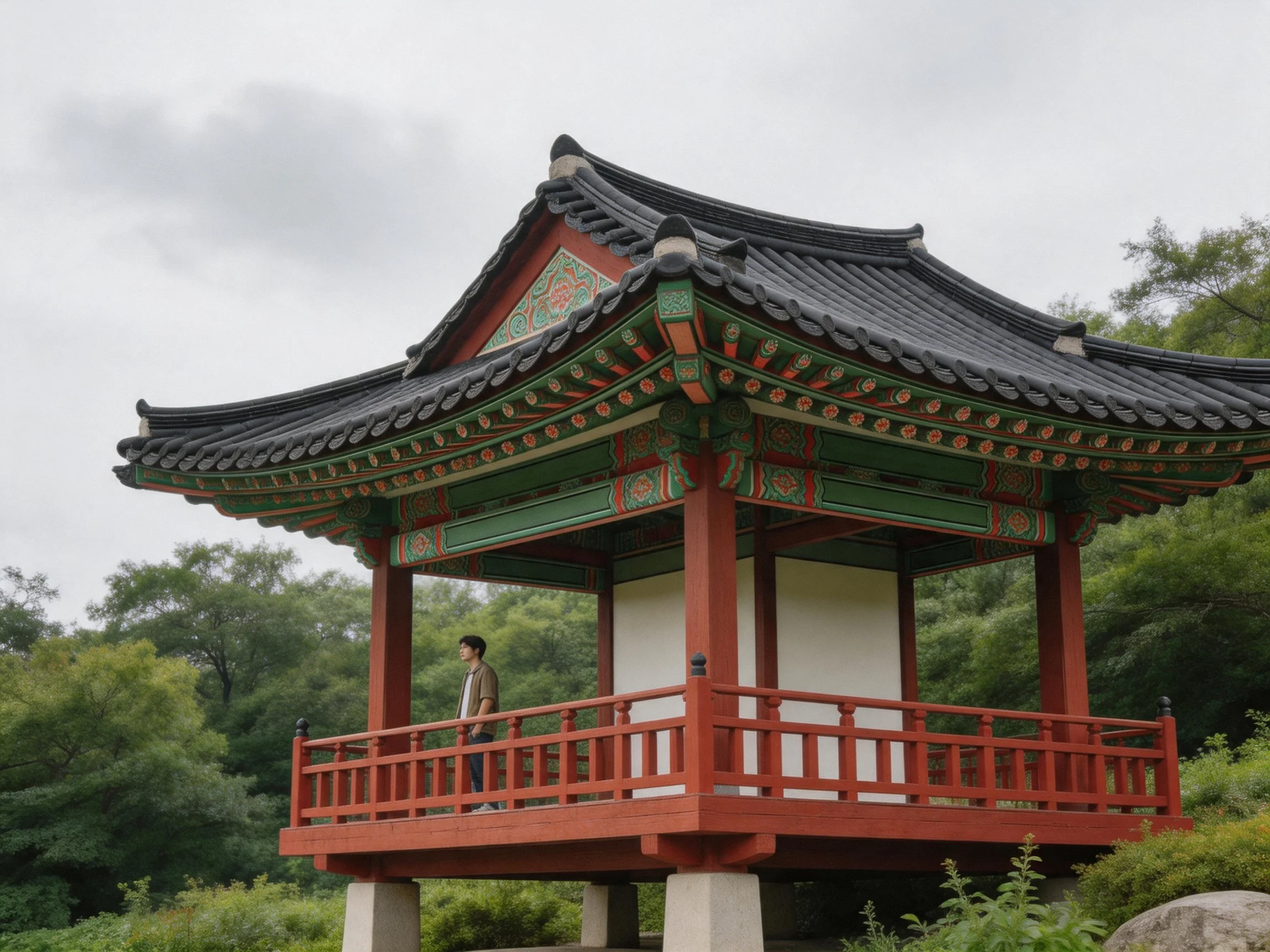 A vibrantly decorated traditional pavilion with red railings and black roof