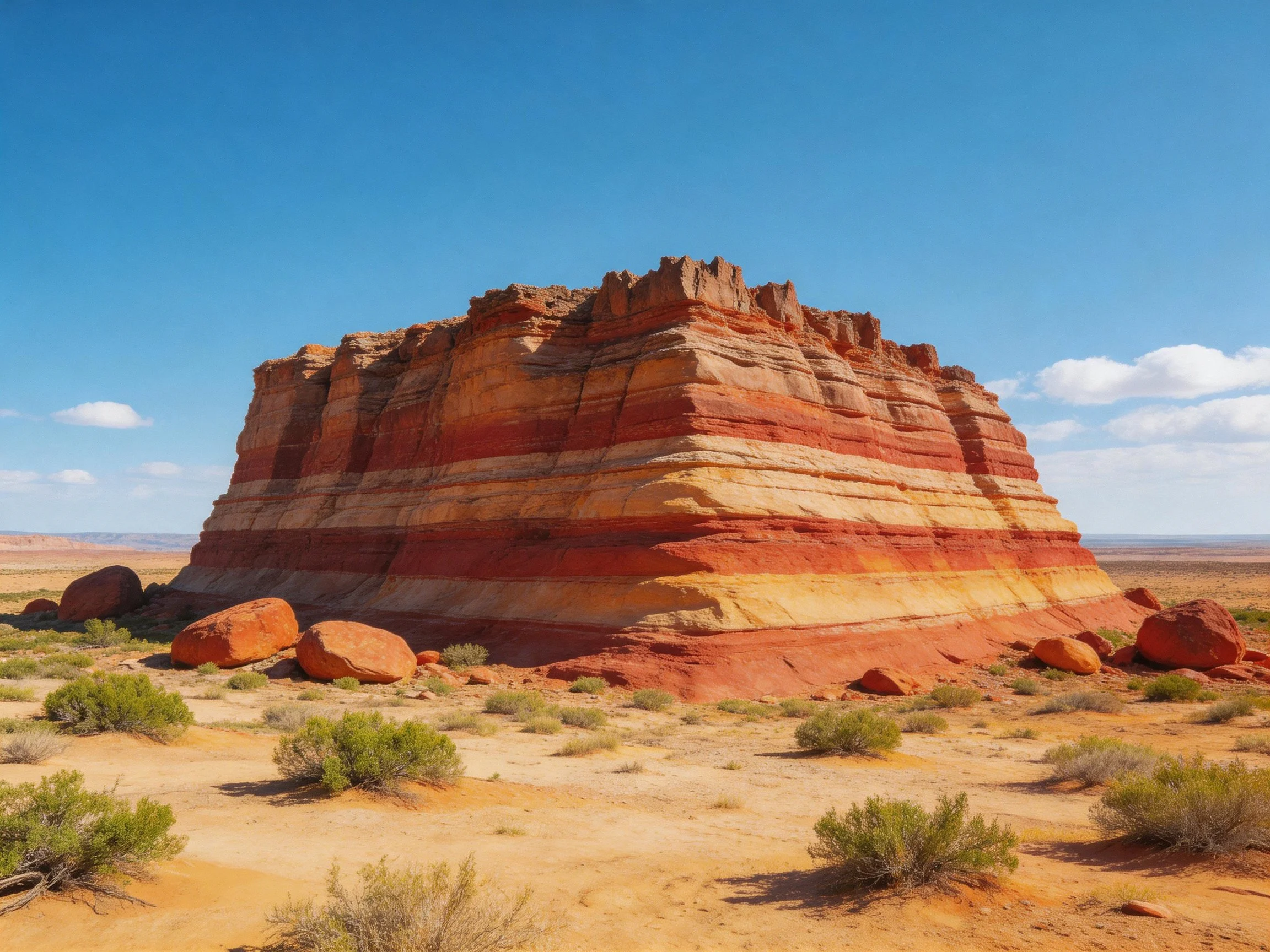 A vibrantly hued layered rock formation in an expansive desert