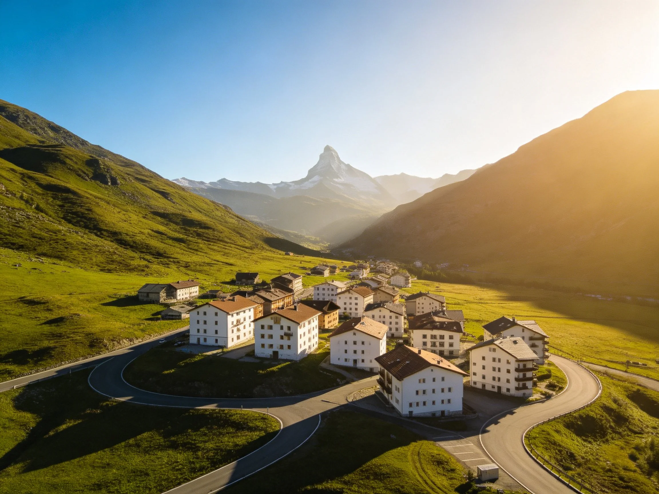 A village with white buildings near green mountains and a prominent peak