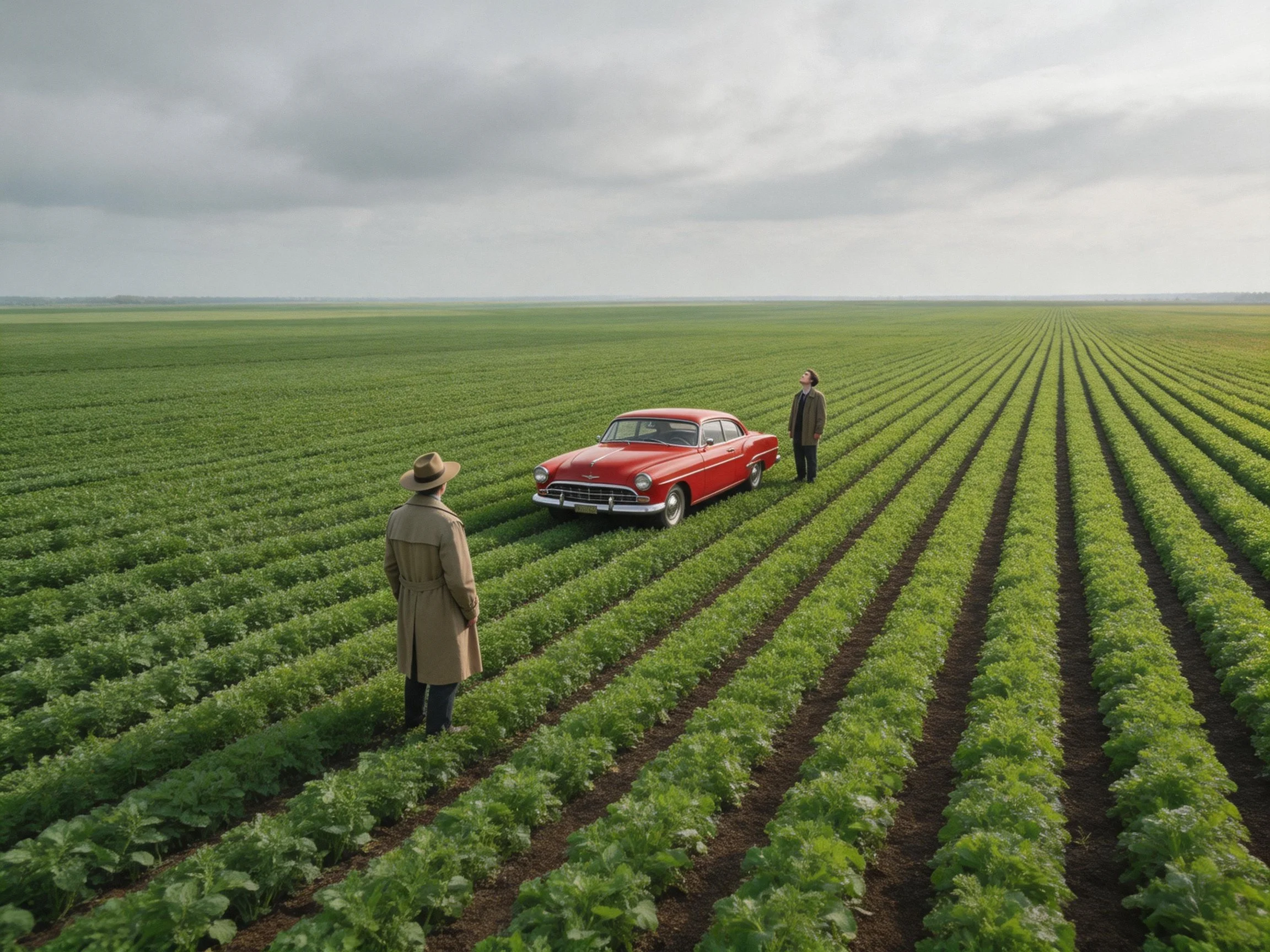 A vintage red car near two figures in sprawling green farmland