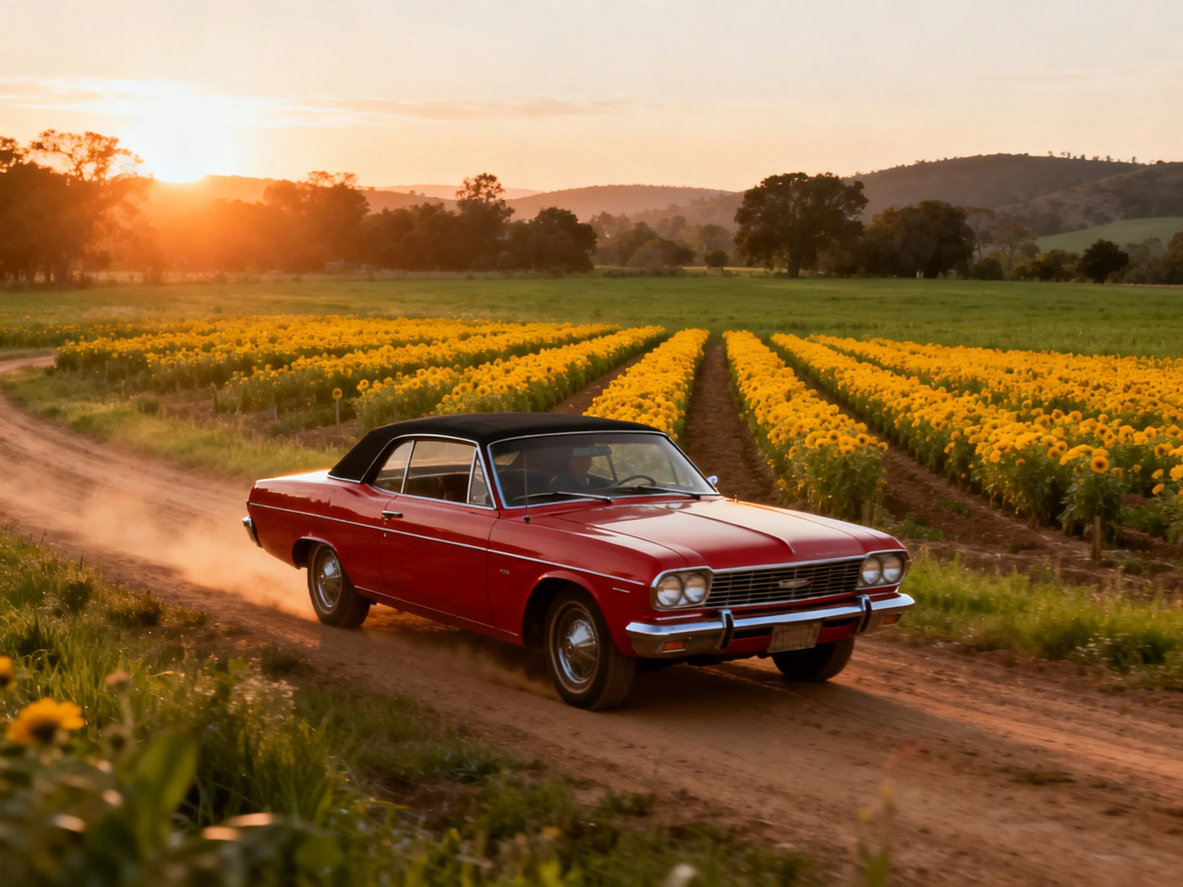 A vintage red convertible driving past sunflower fields at sunset