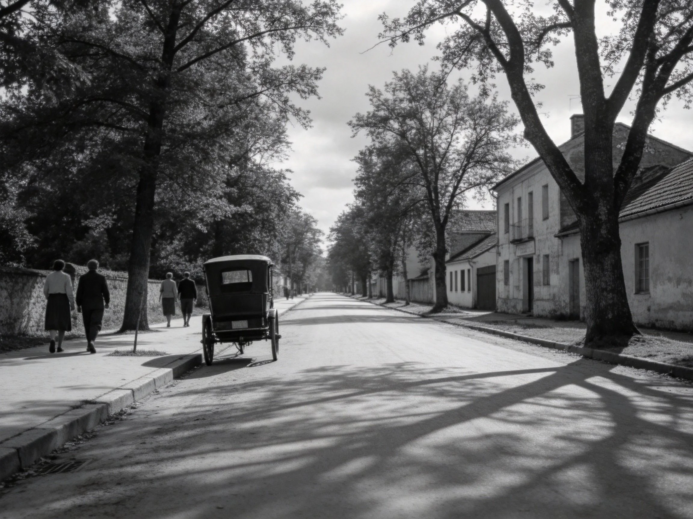 A vintage street scene with a horse-drawn carriage and pedestrians