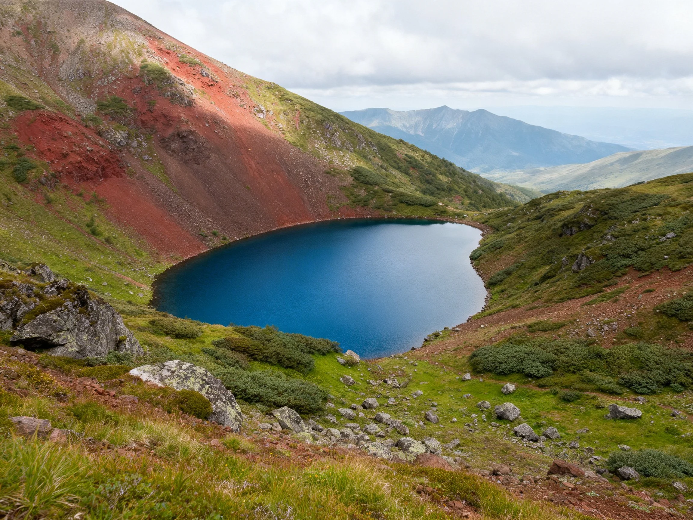 A vivid blue alpine lake nestled in a multicolored mountain valley