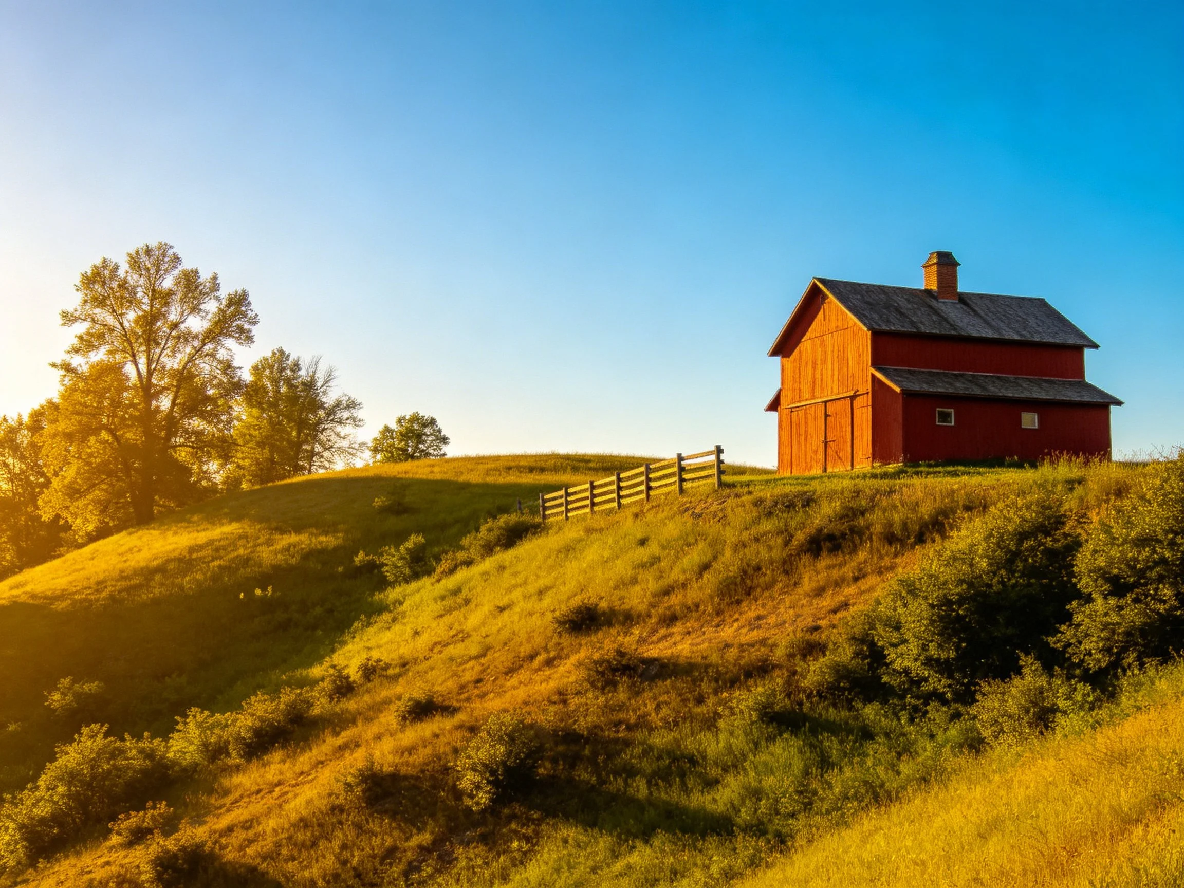A vivid red barn atop a golden rolling hillside
