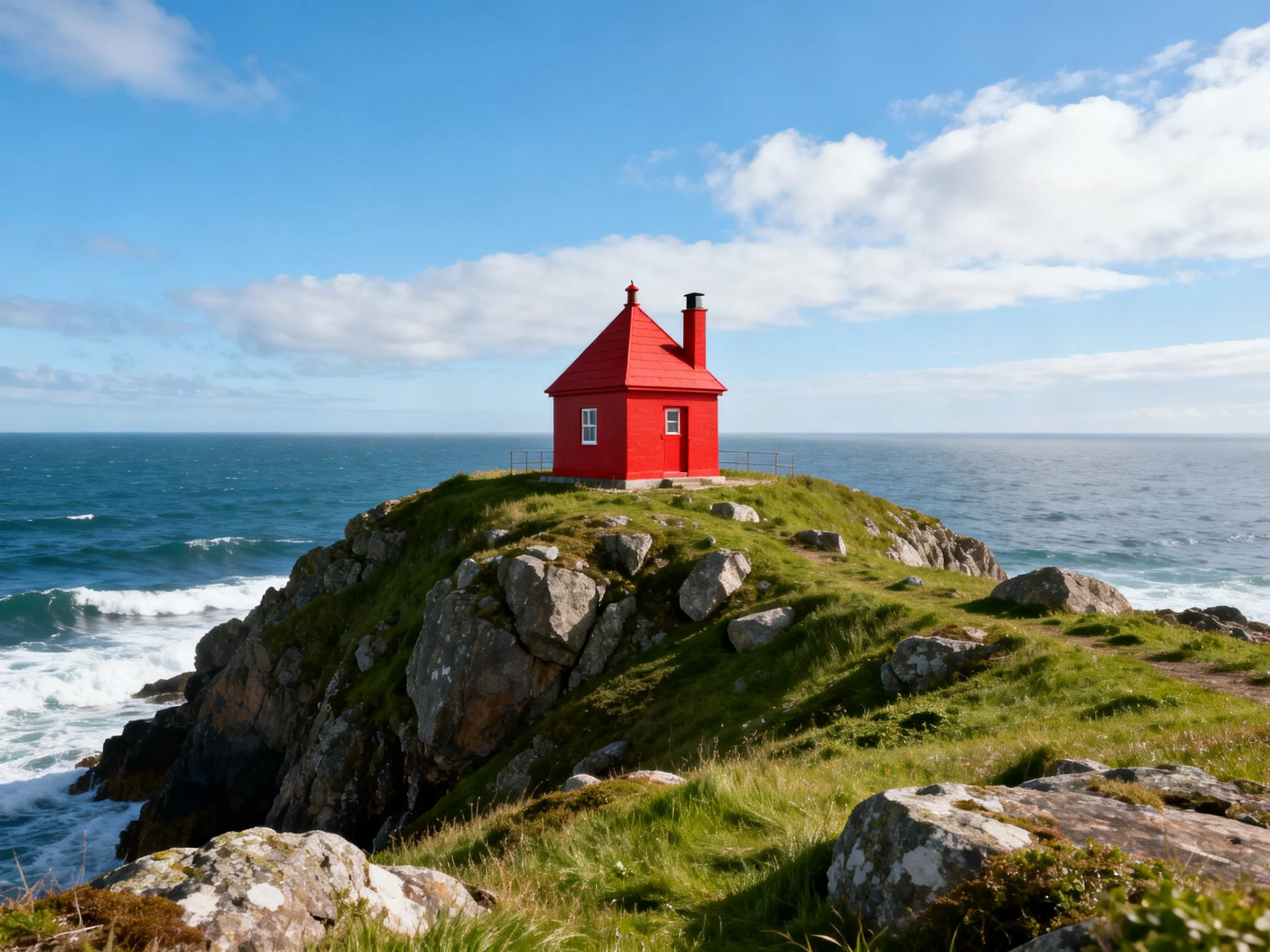 A vivid red house perched on a rocky coastal cliff