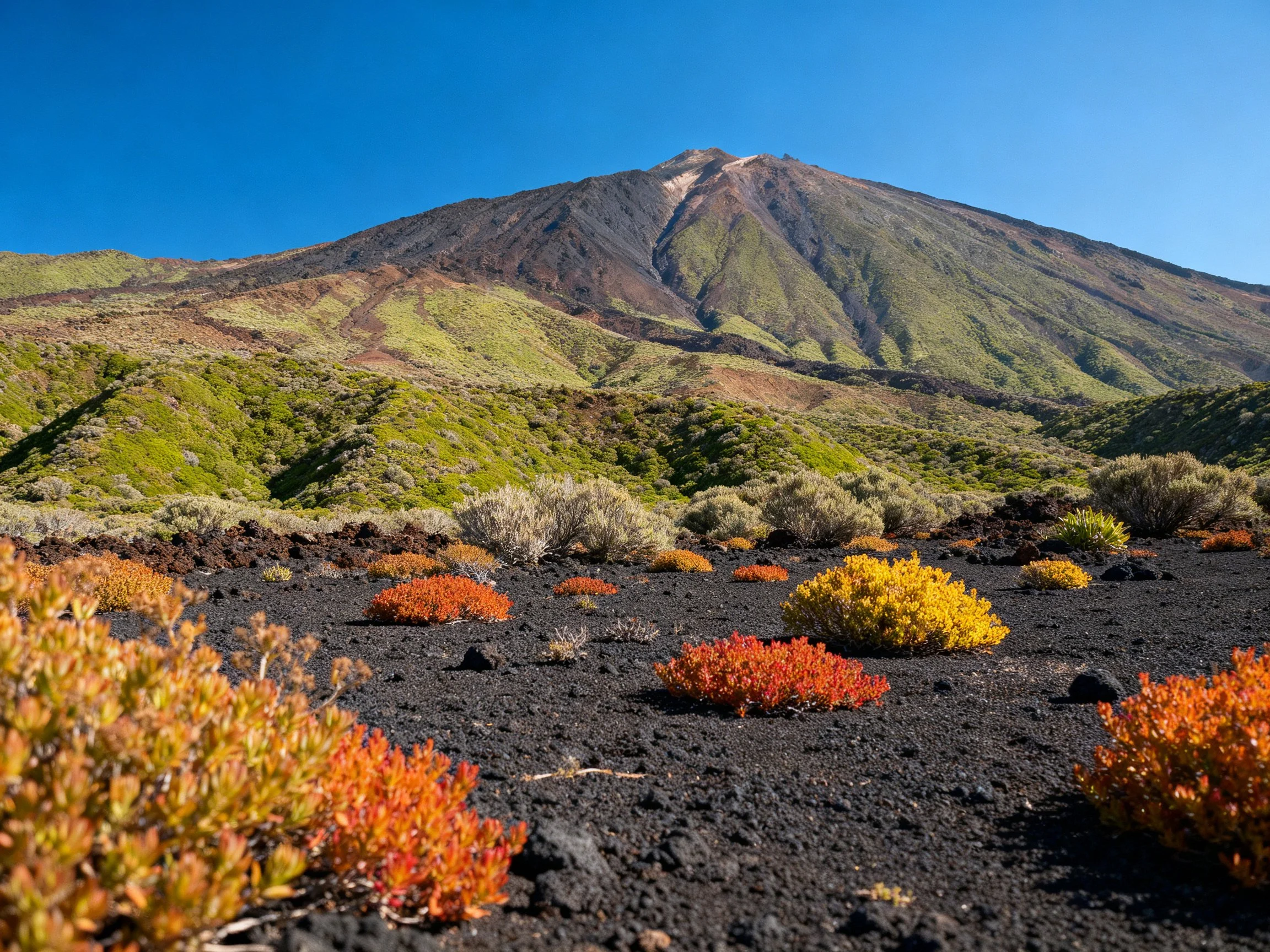 A volcanic mountain with colorful shrubs on dark ash terrain
