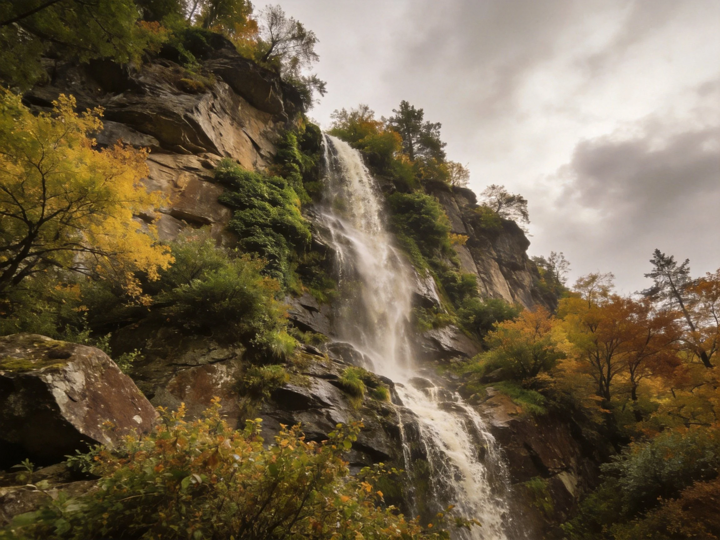 A waterfall cascades down a rocky cliffside amid autumn foliage