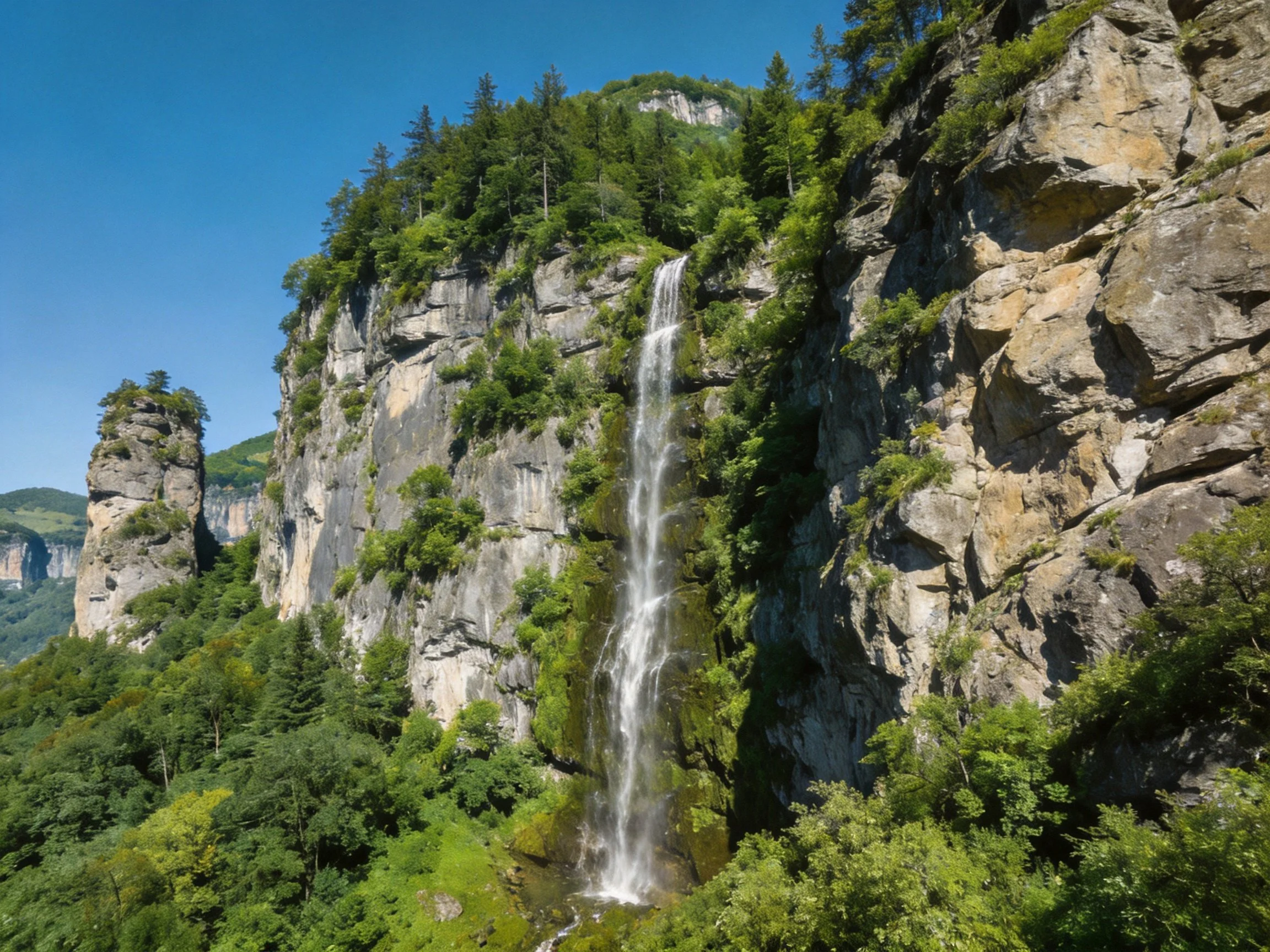 A waterfall cascades down rocky cliffs with lush greenery.
