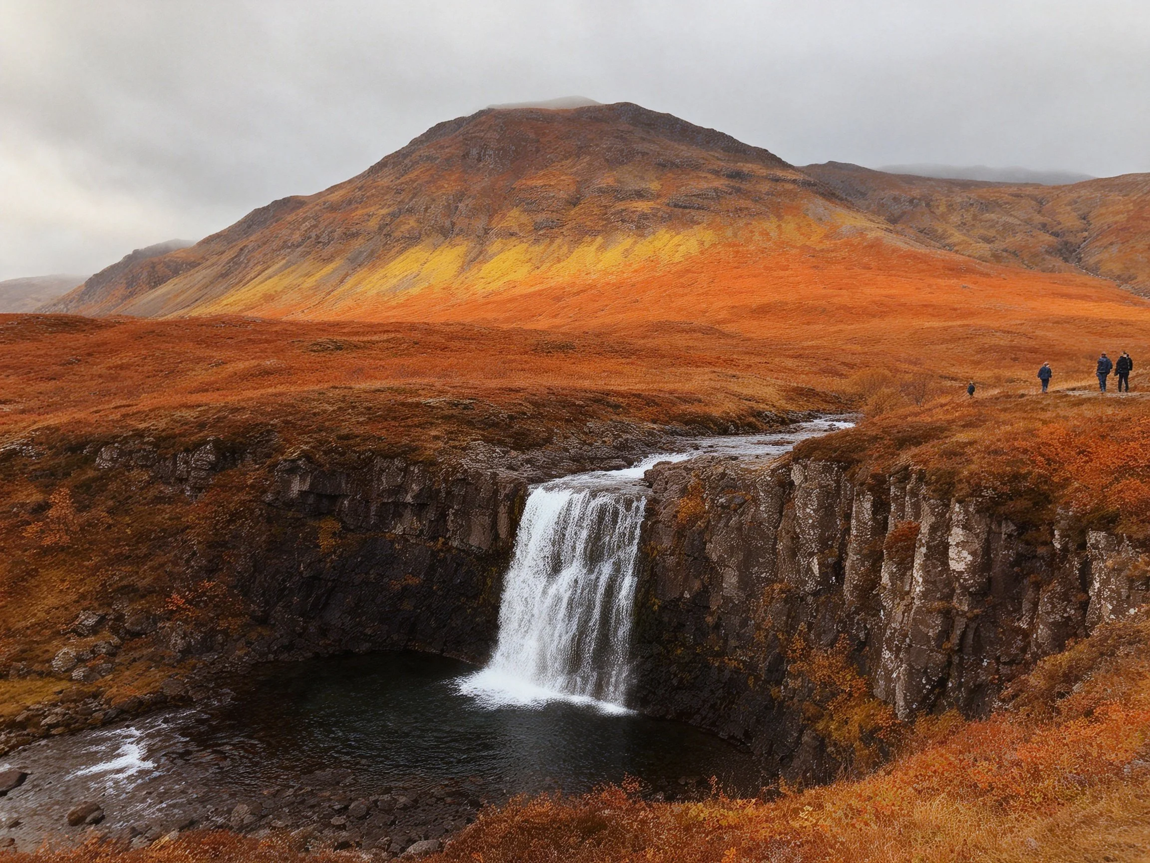 A waterfall cascades into a pool among orange-toned hills and distant mountains