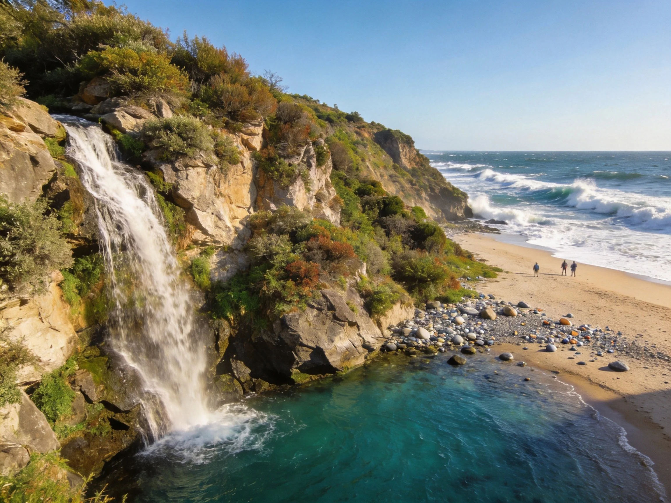 A waterfall cascades into turquoise waters beside a sandy beach