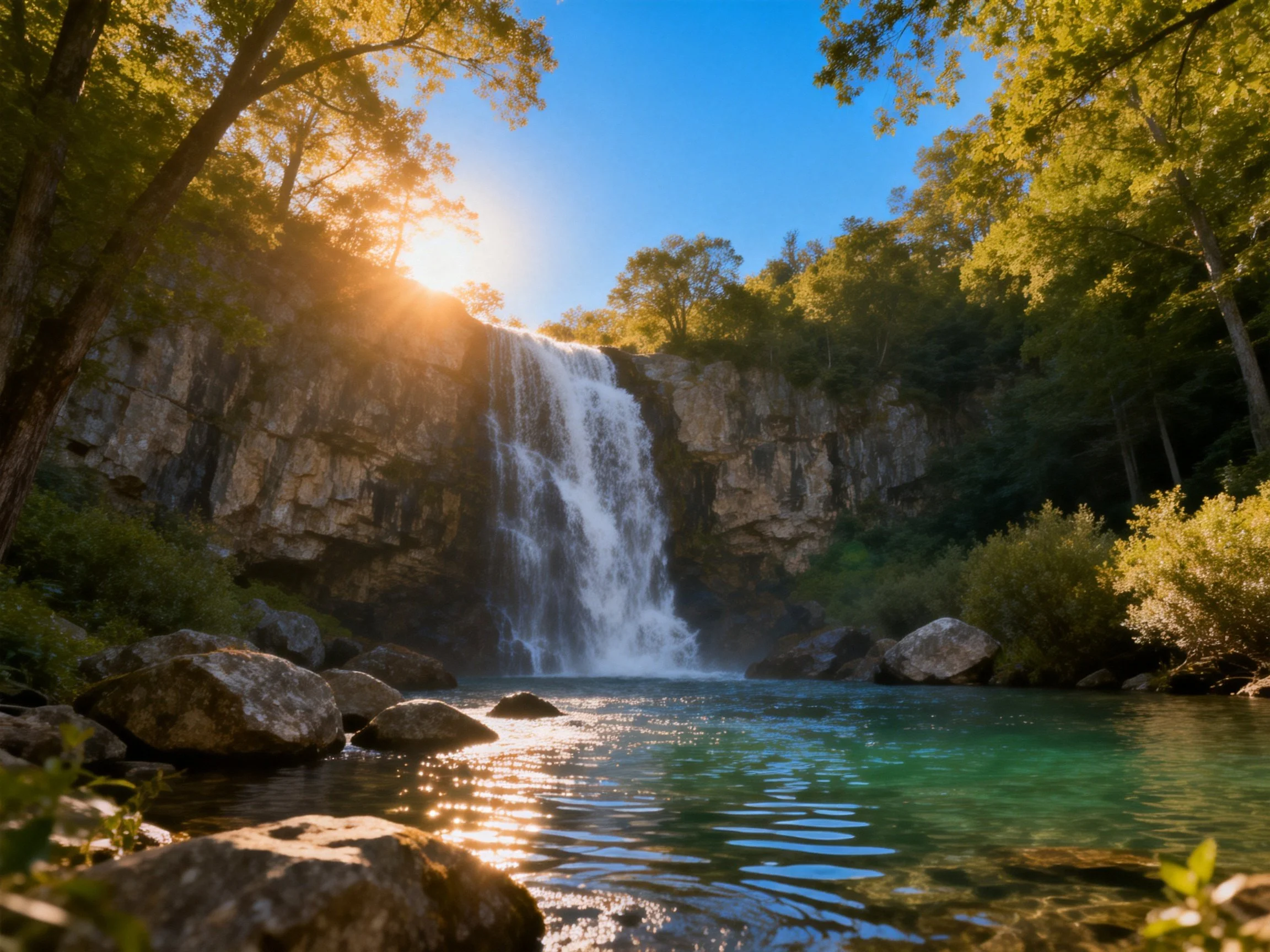A waterfall cascades into turquoise waters near rocky cliffs and trees