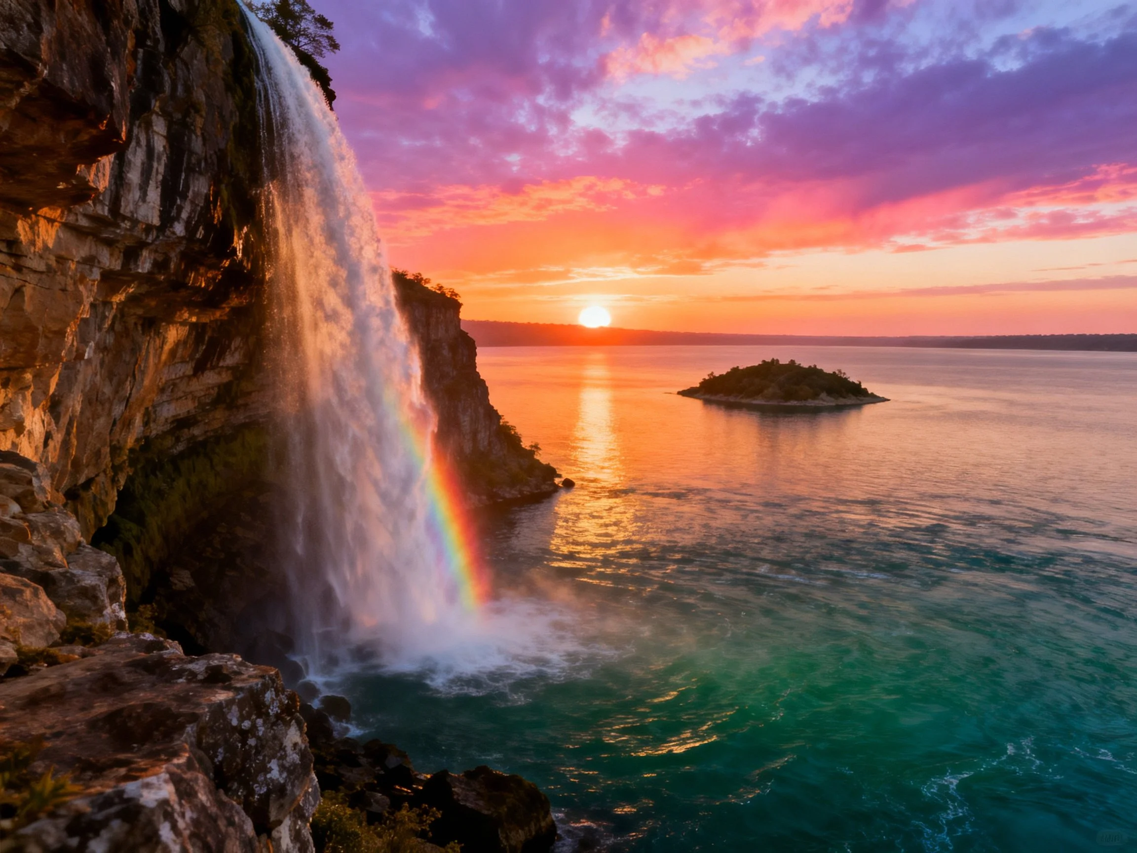 A waterfall cascades into turquoise waters with a sunset rainbow over distant island