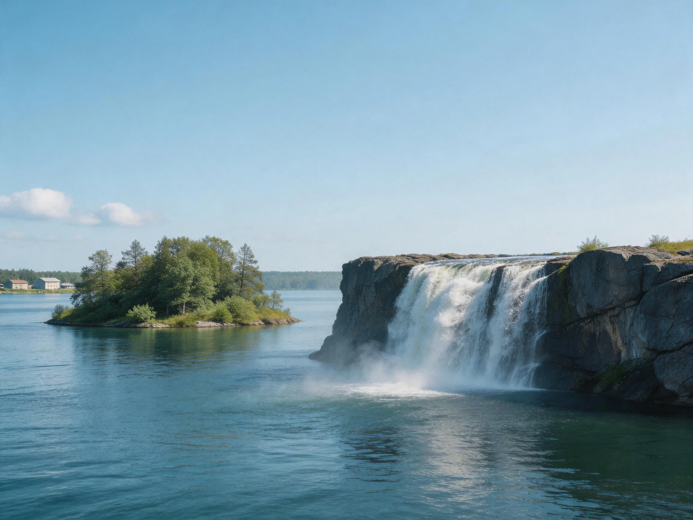 A waterfall cascades over rocky cliffs beside a lush green island