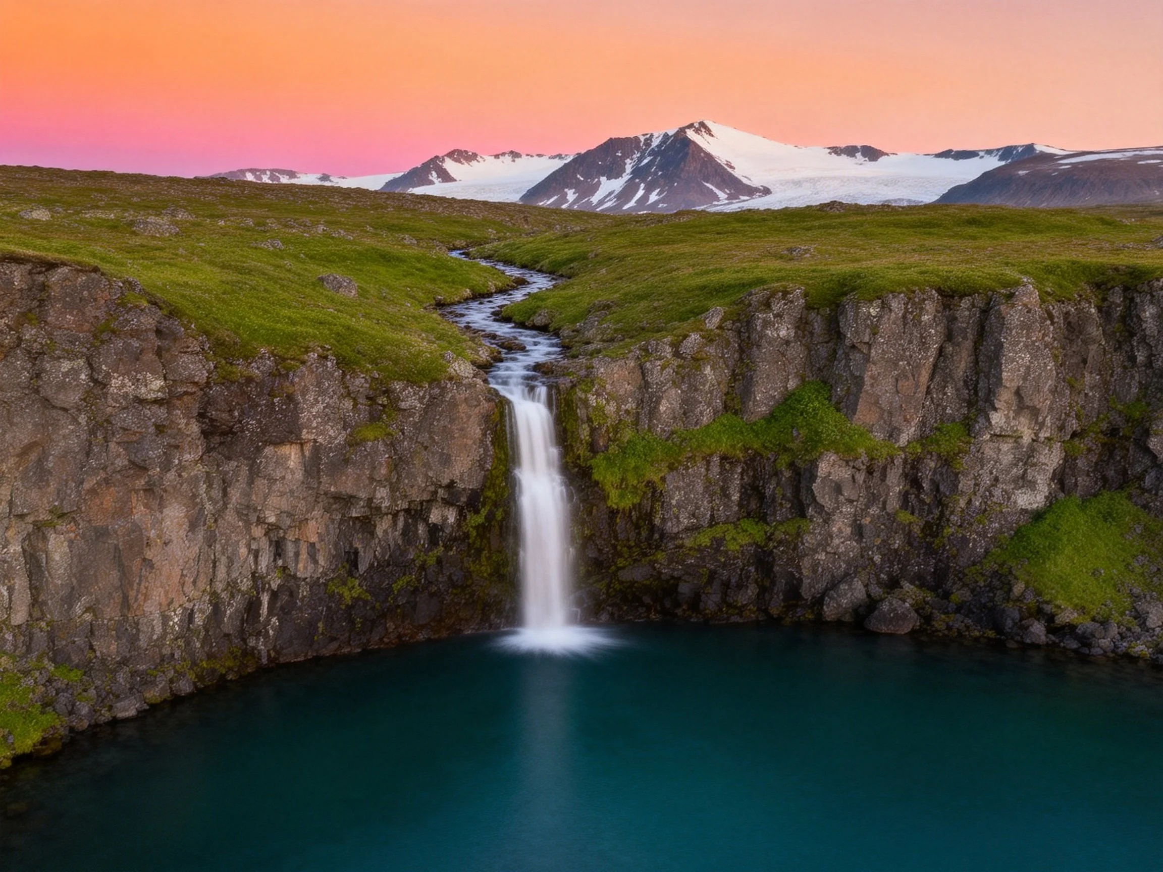 A waterfall drops into a pool near rocky cliffs and snow-capped mountains at sunset