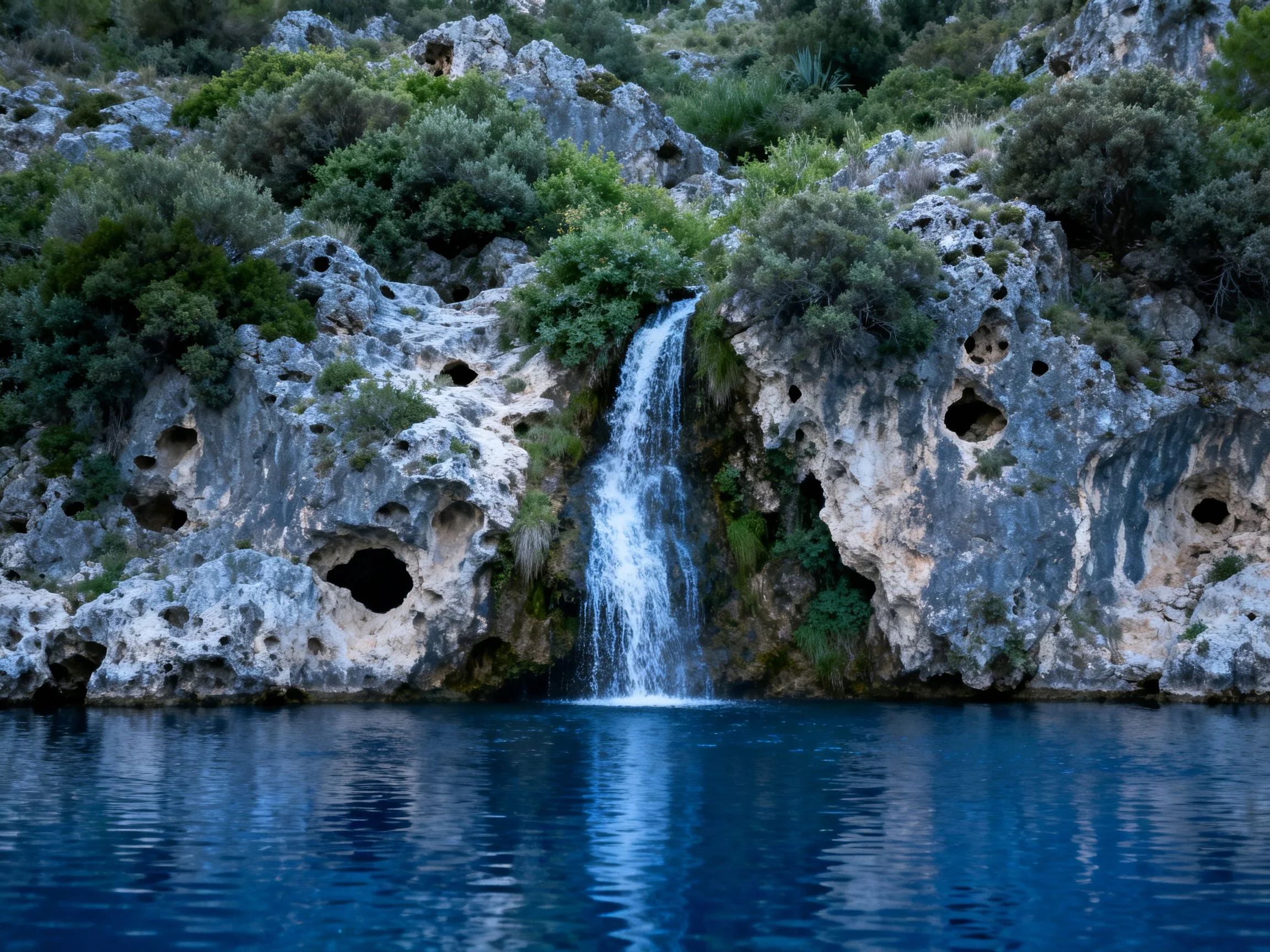 A waterfall flows down weathered rocky cliffs into deep blue water
