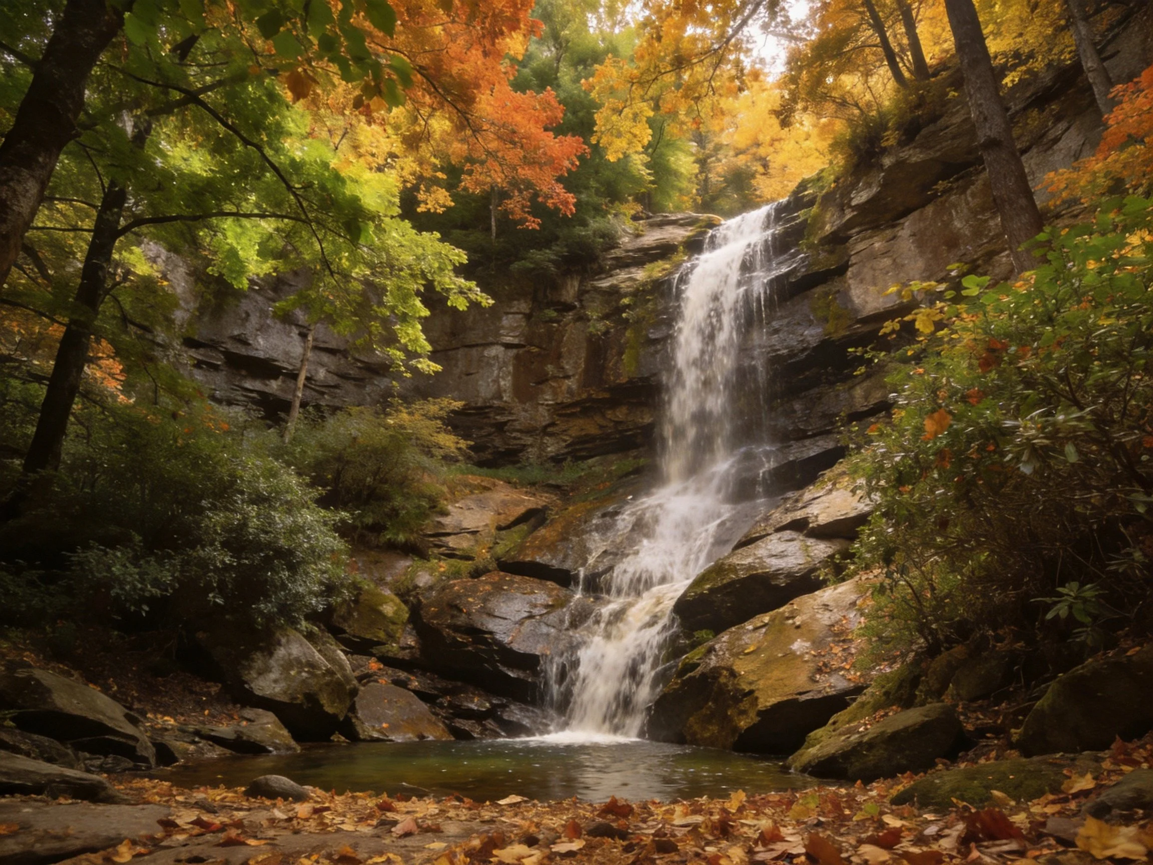 A waterfall flows over layered rock cliffs amid vibrant autumn foliage.