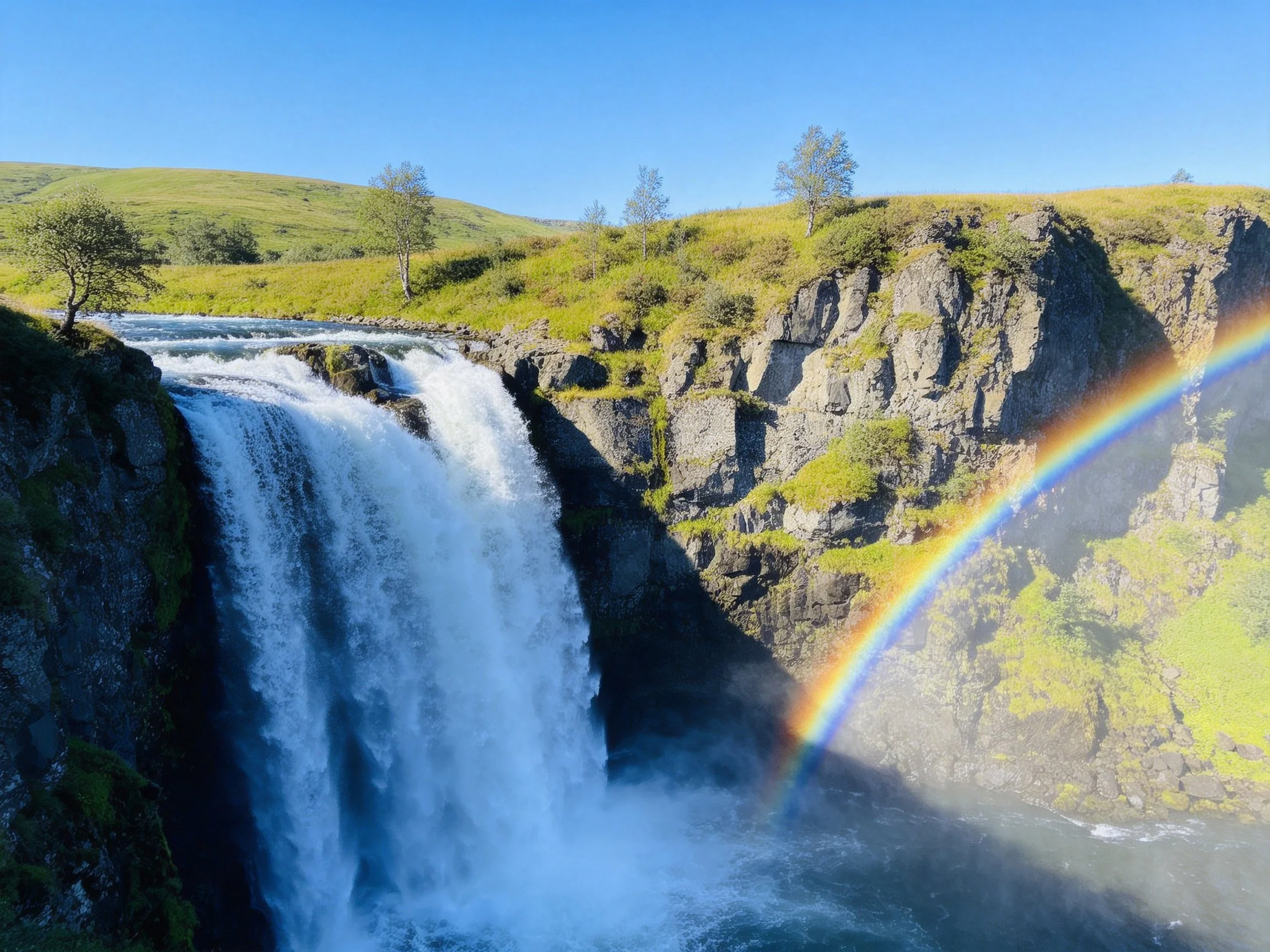 A waterfall flows over rocky cliffs beside a vivid rainbow