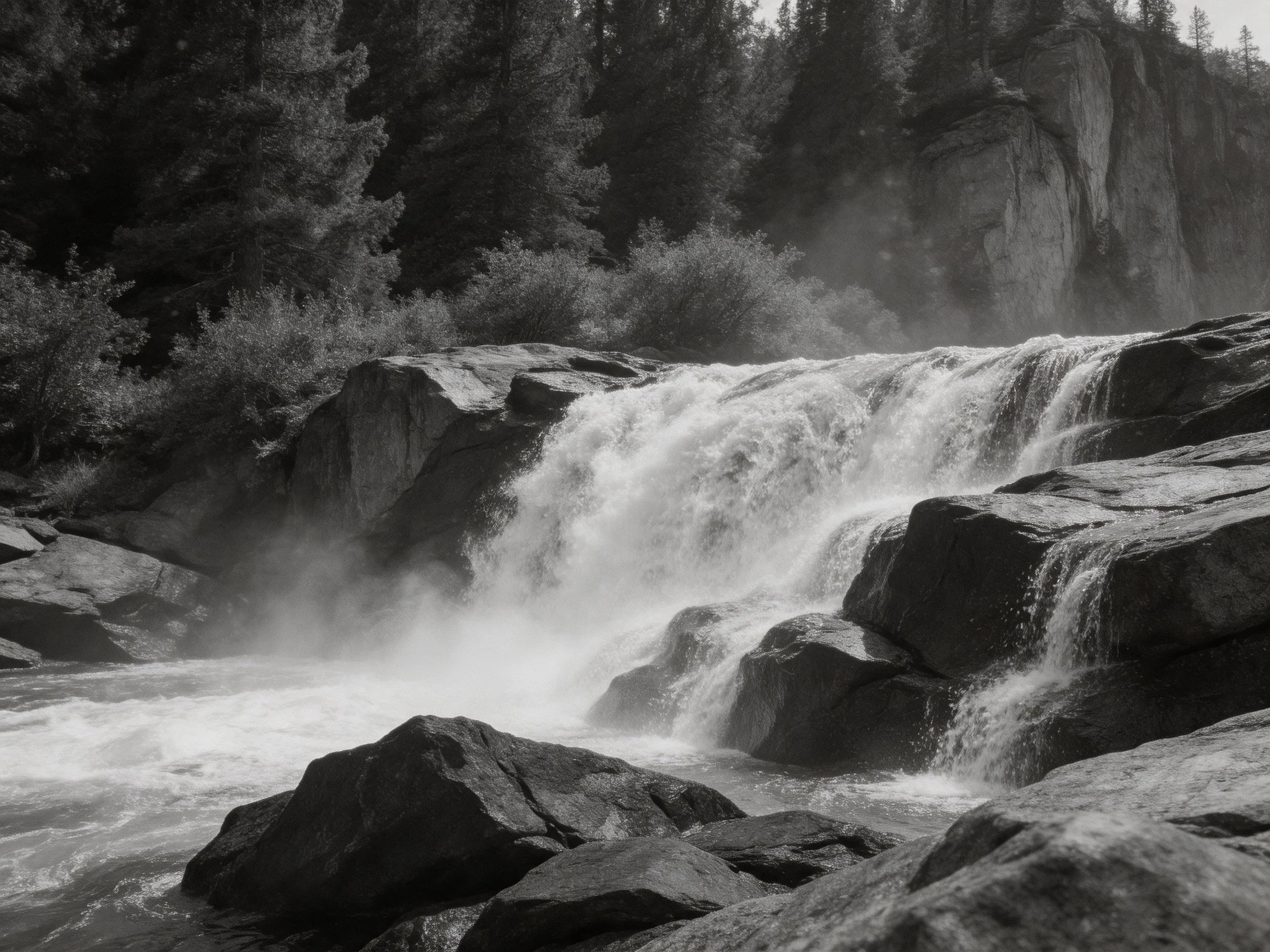A waterfall flows over rocky terrain with forested cliffs nearby