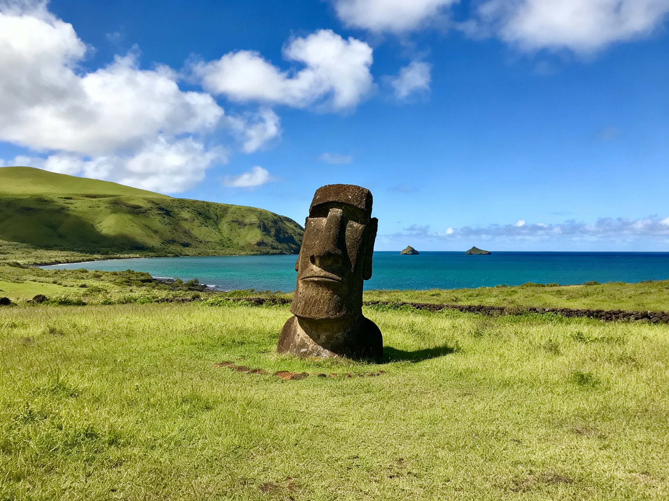 A weathered Moai statue stands on lush green grass near turquoise waters