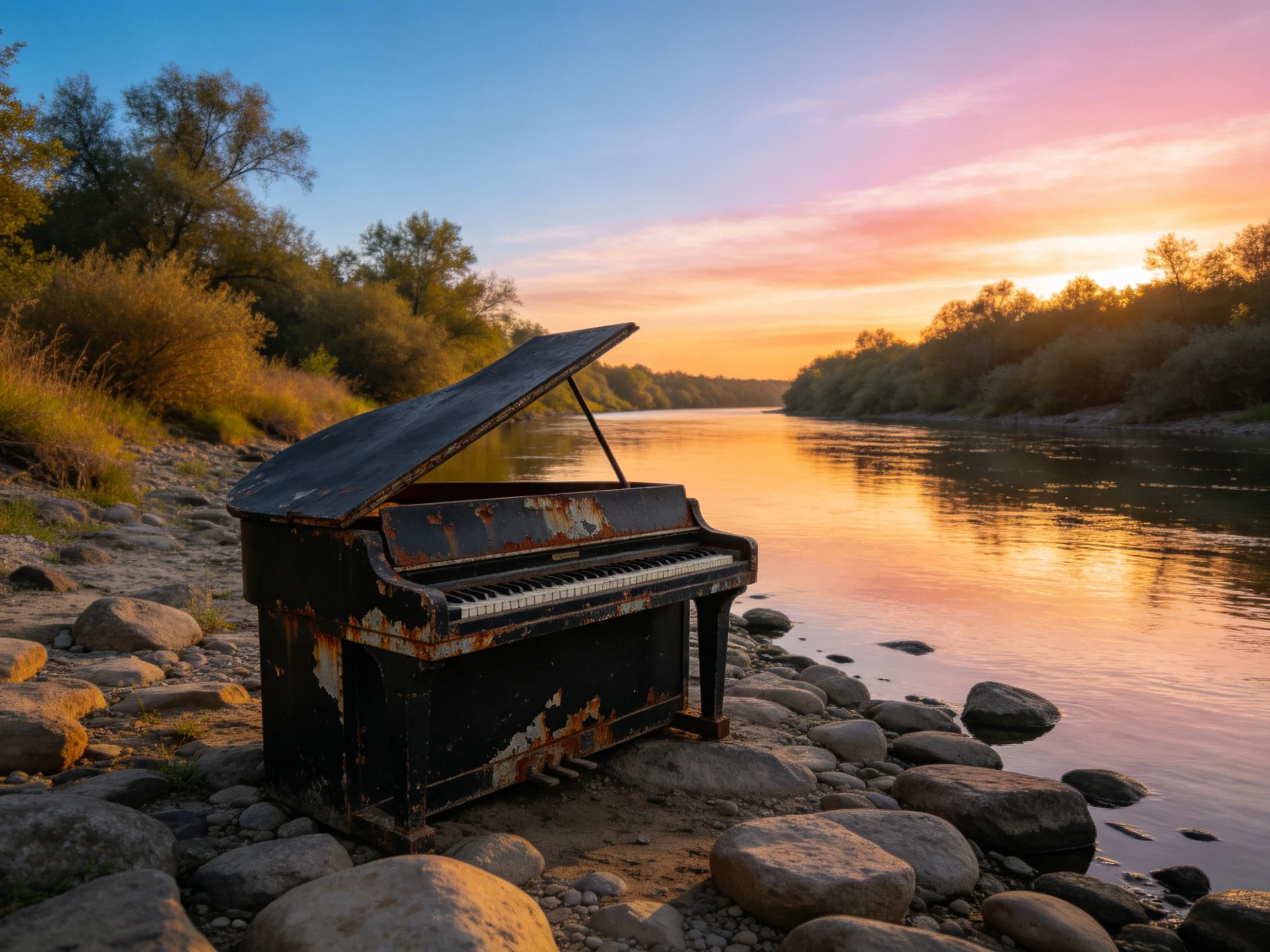 A weathered black piano by a calm river at sunset