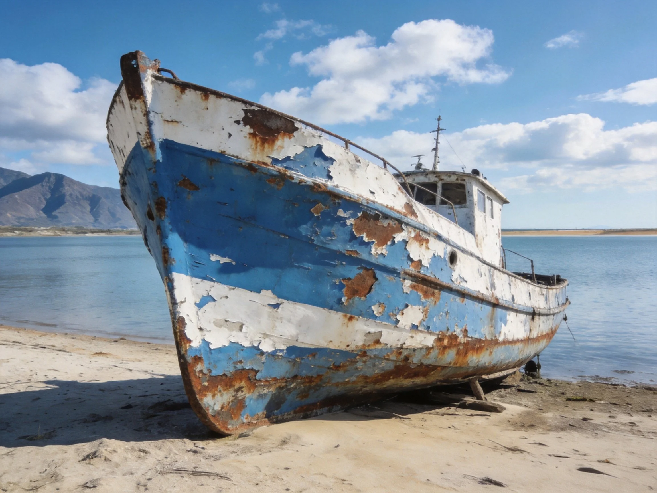 A weathered blue and white boat rests on a sandy shore