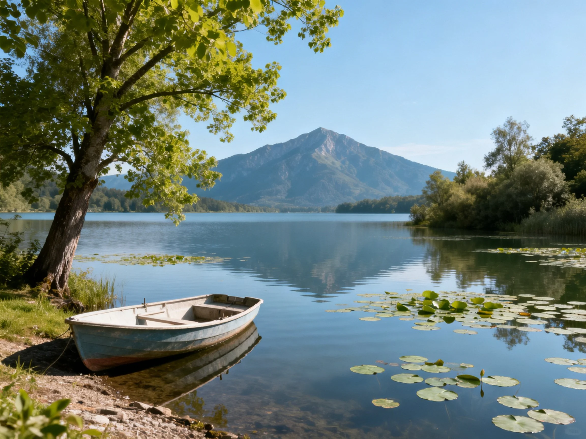 A weathered blue boat rests by a calm lake with lily pads