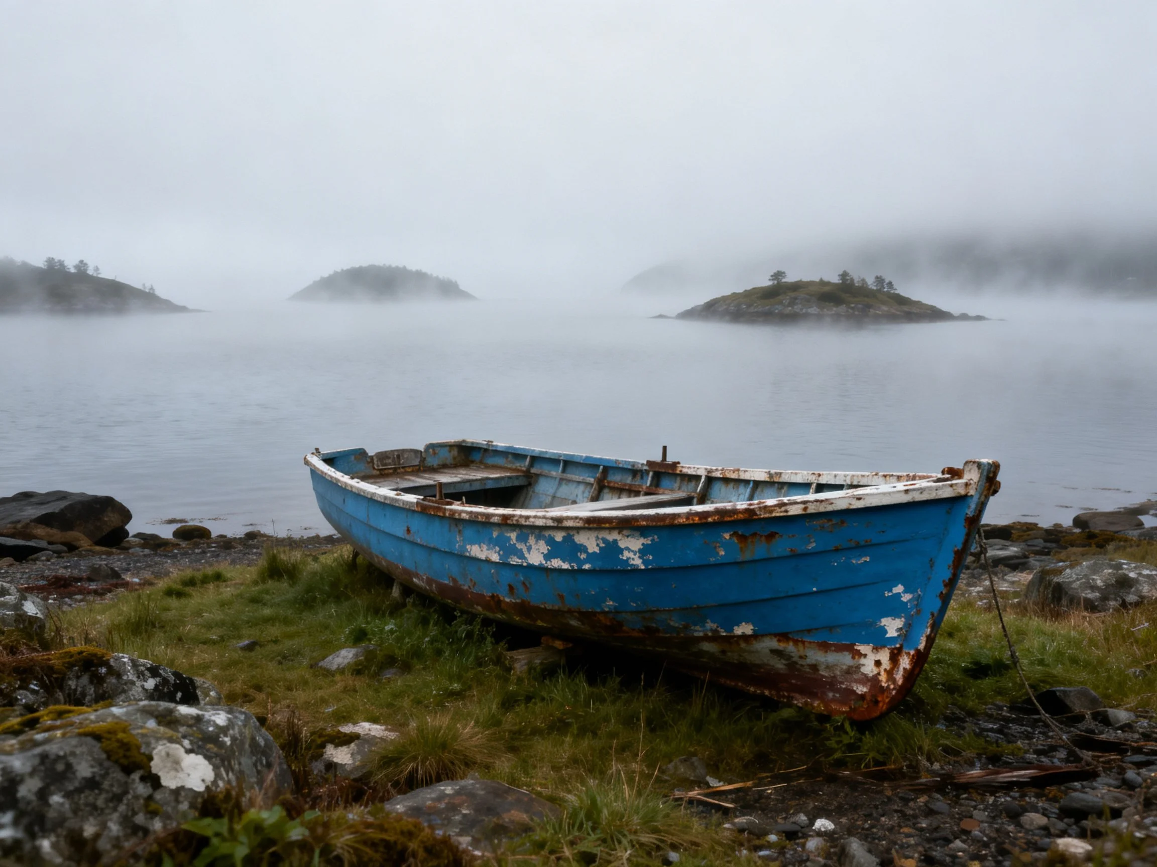 A weathered blue boat rests near misty islands on rocky shore