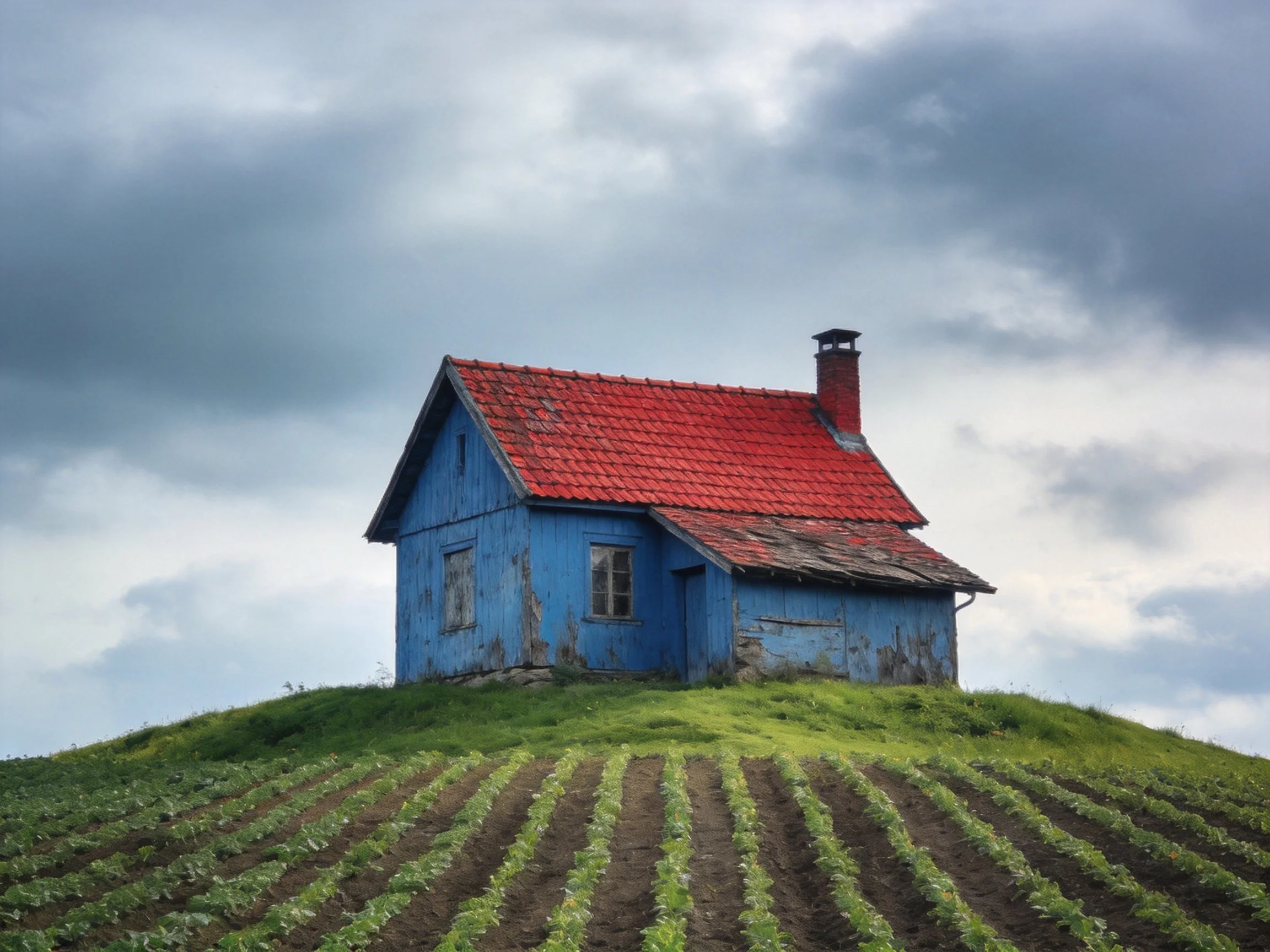 A weathered blue house with red roof sits atop a green hillside under stormy clouds