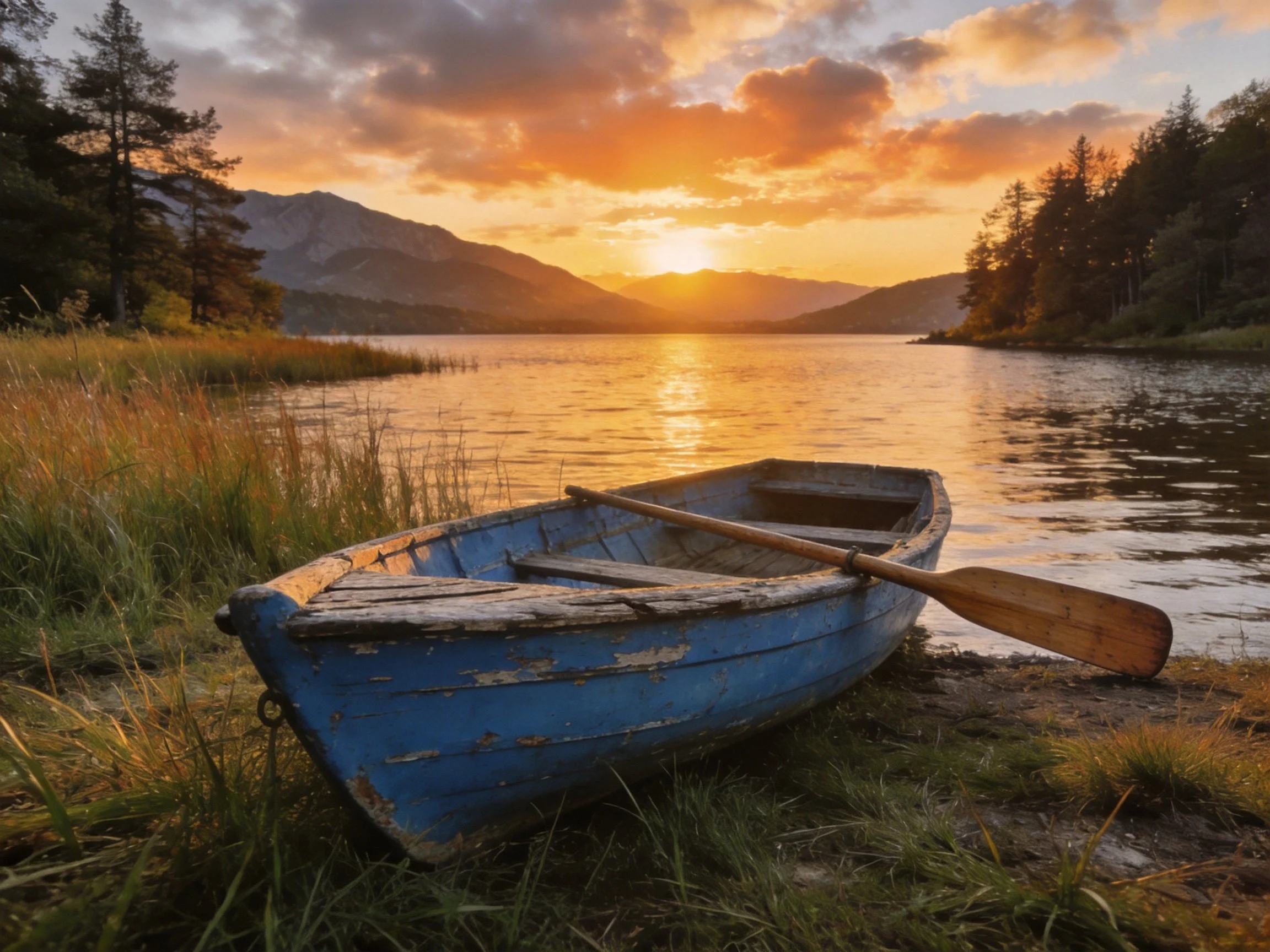 A weathered blue rowboat rests by a golden lakeside at sunset