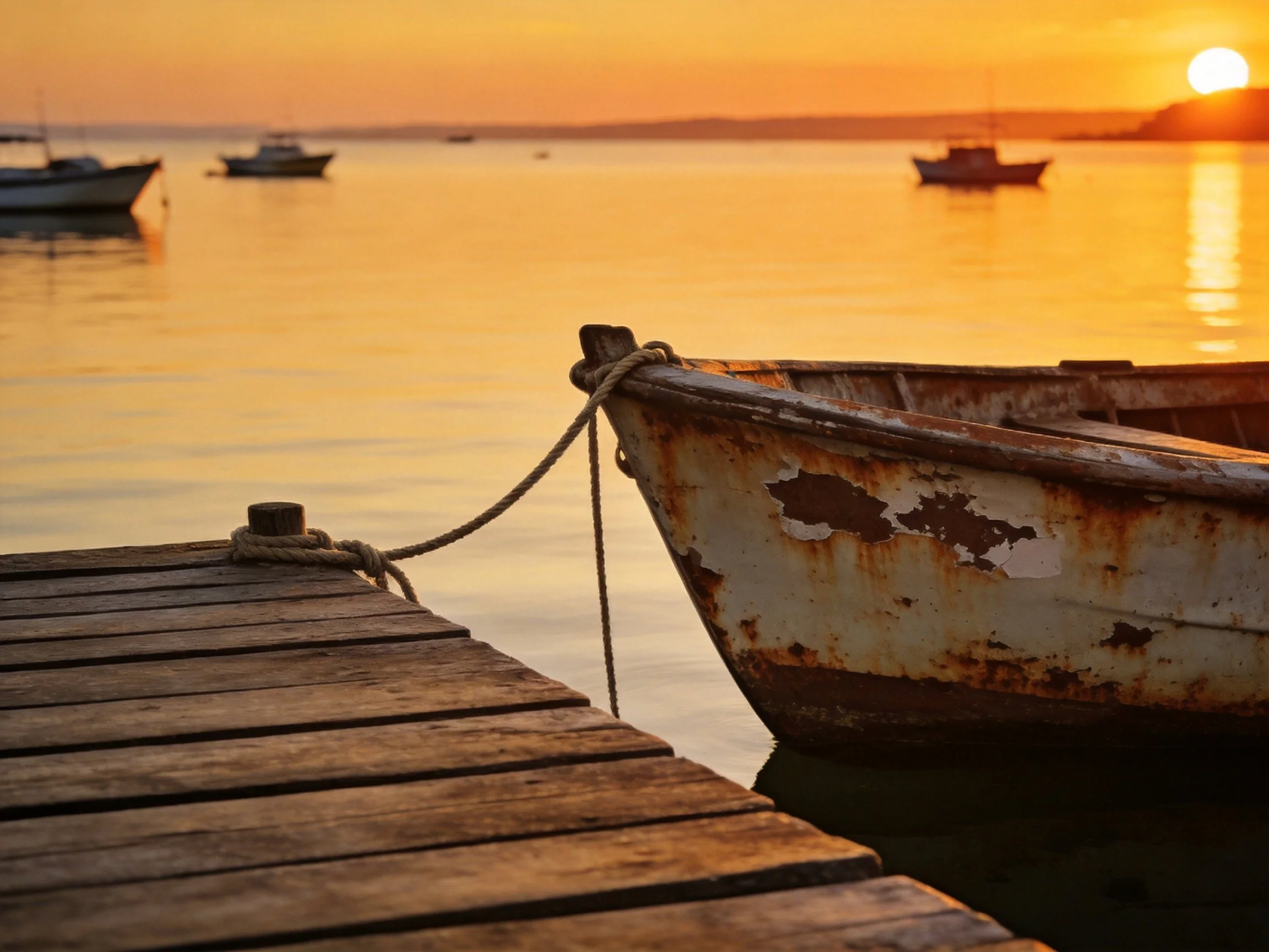 A weathered boat moored at a wooden dock during golden sunset