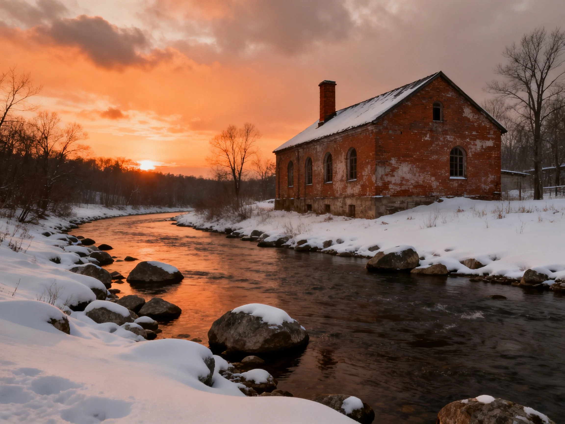 A weathered brick mill by a snowy river at sunset