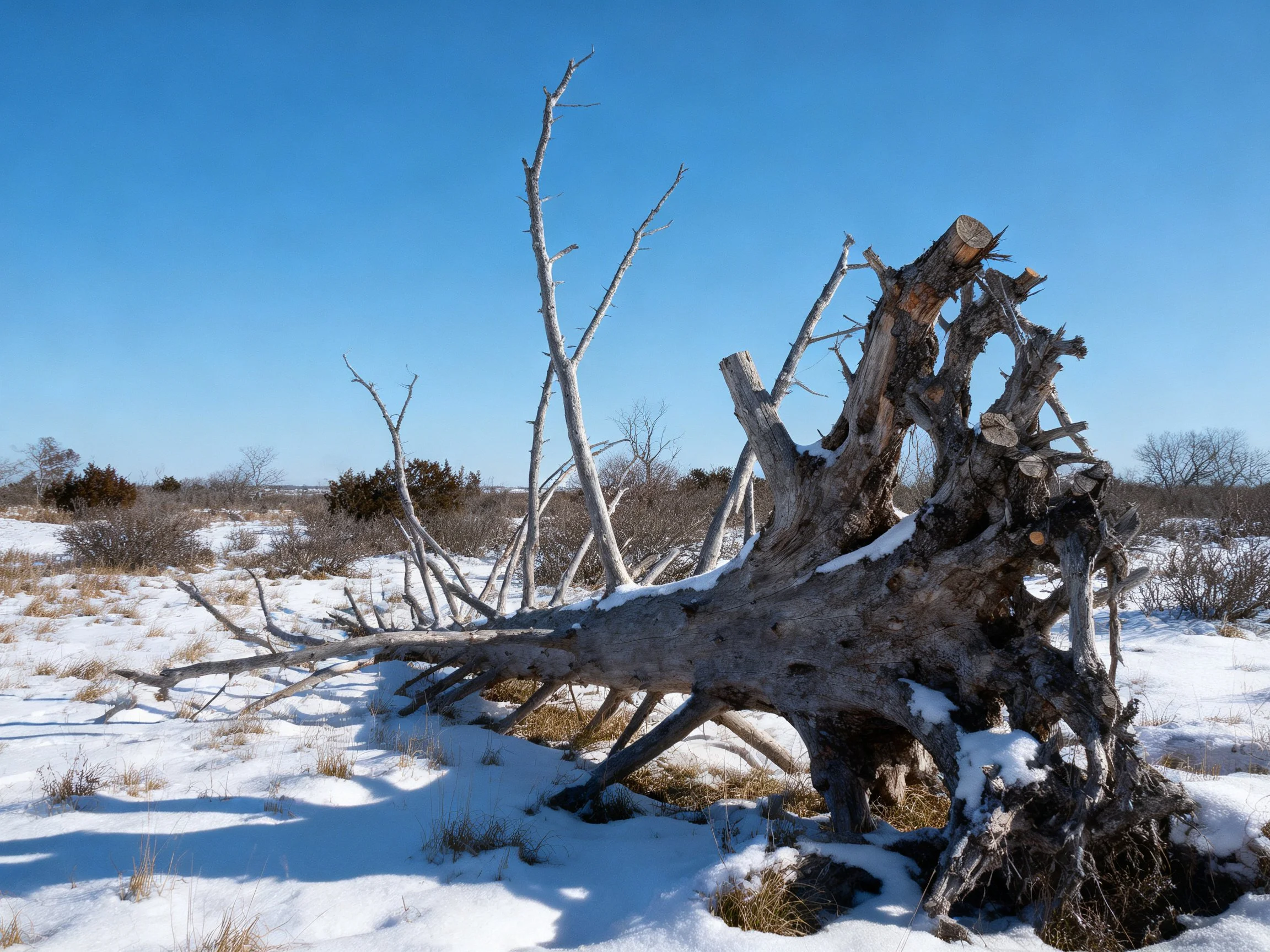A weathered fallen tree trunk in a snowy open landscape