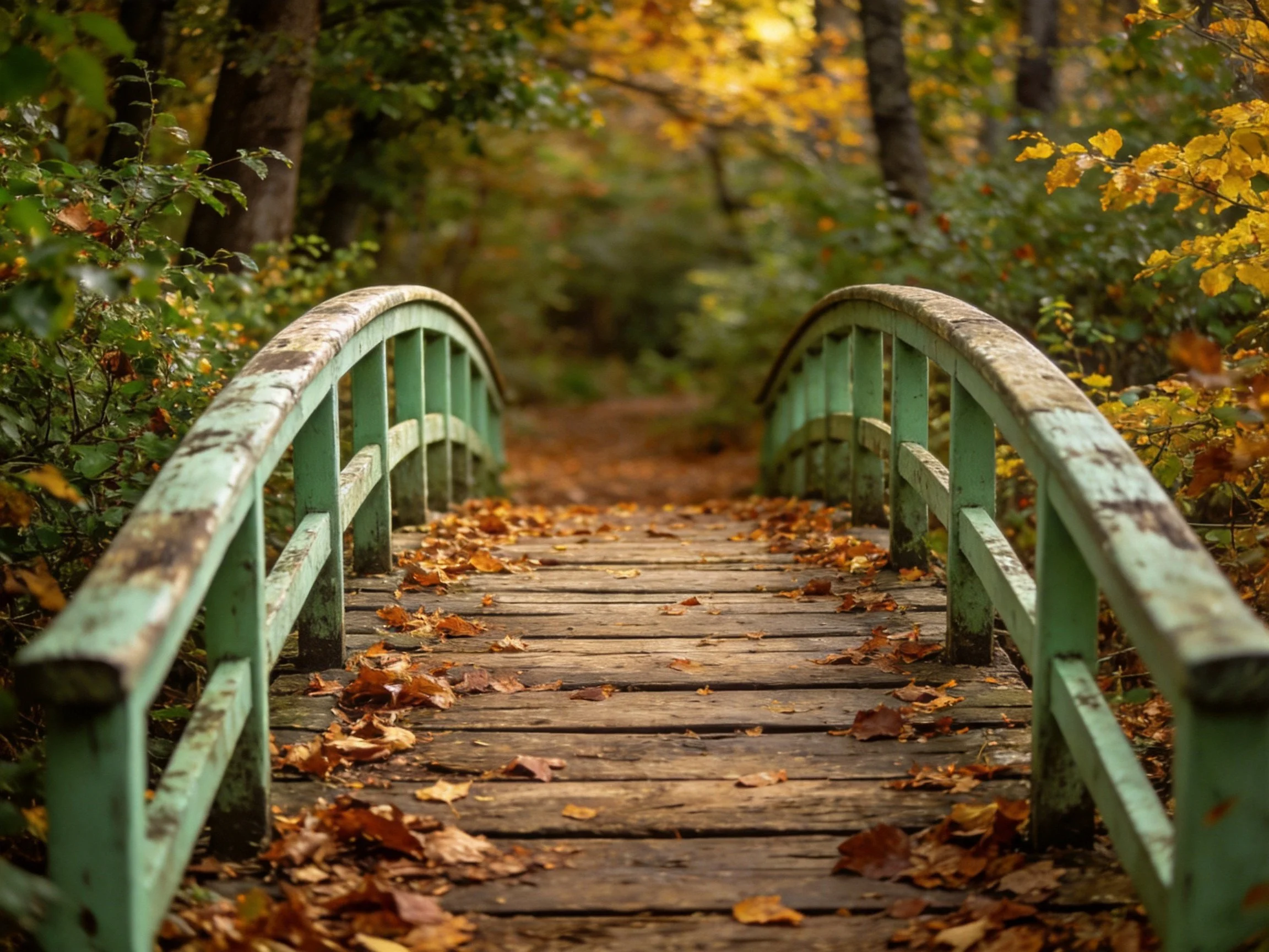 A weathered green bridge spans an autumn forest path
