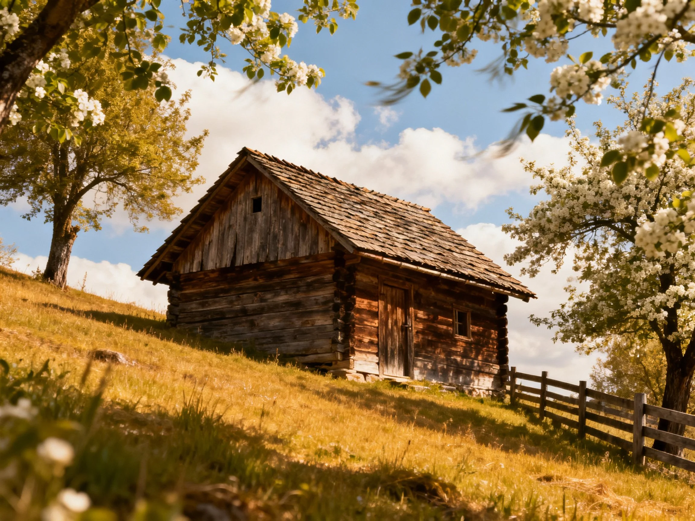 A weathered log cabin amidst blooming trees on a sunny hillside
